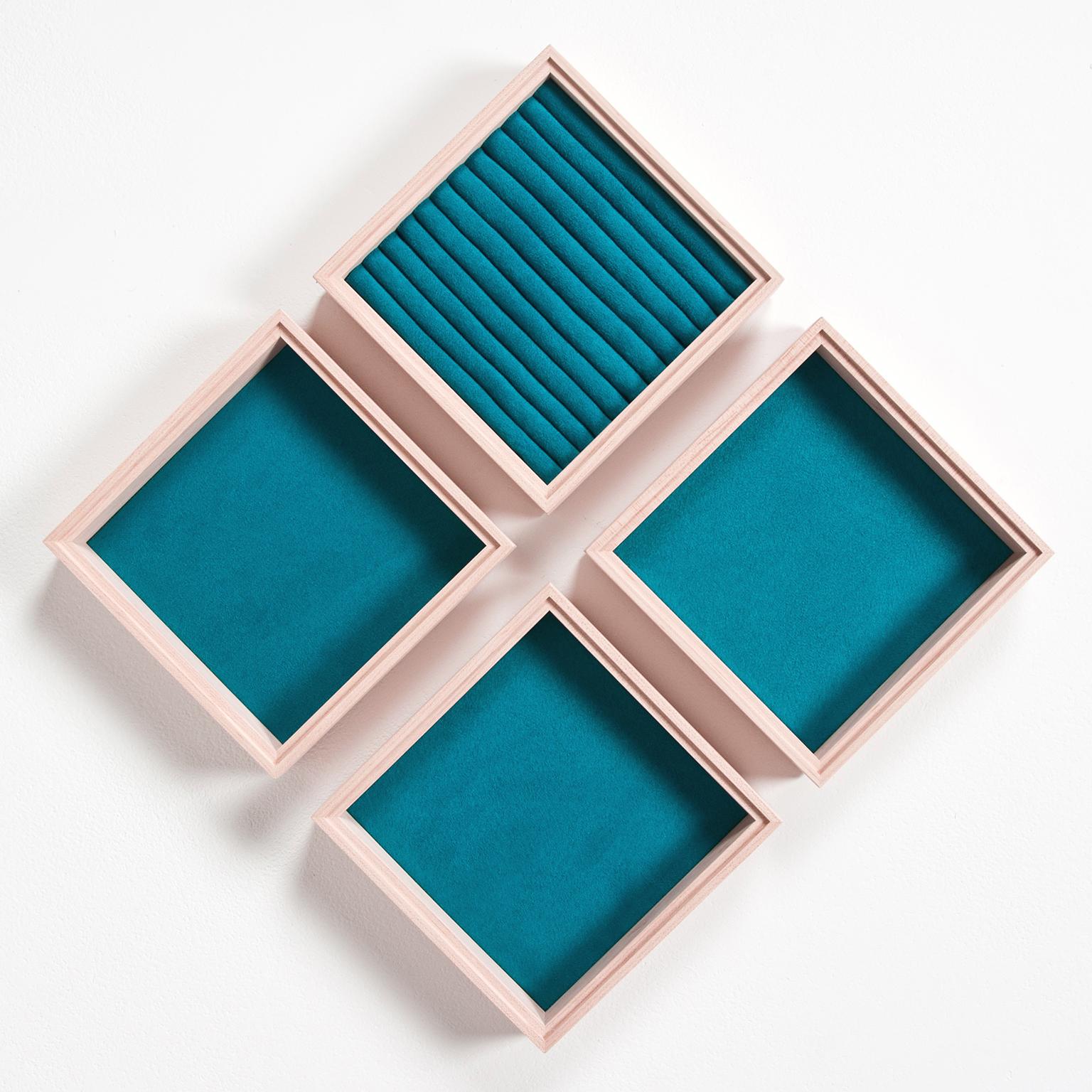 Hand-Crafted Contemporary Cubed Jewellery Box Made in Elm and Maple with Teal Fabric For Sale