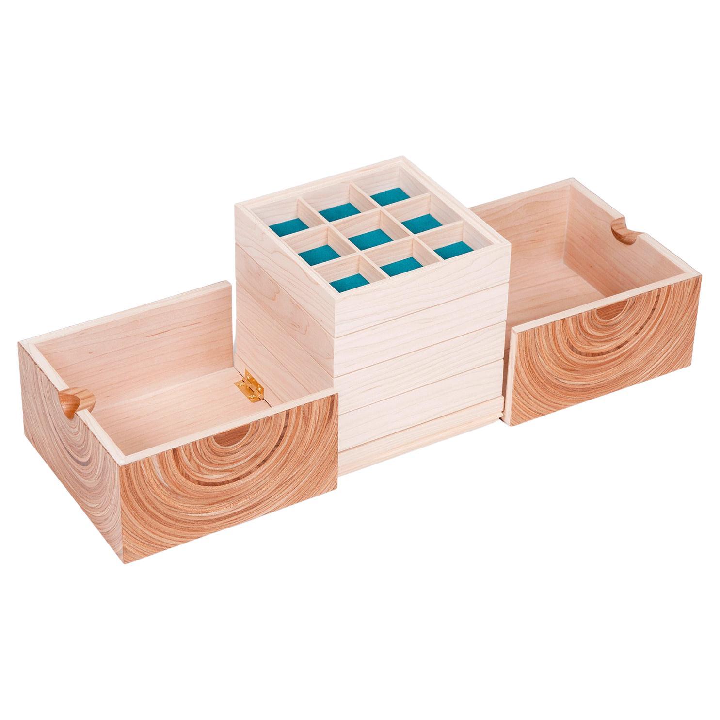Contemporary Cubed Jewellery Box Made in Elm and Maple with Teal Fabric For Sale