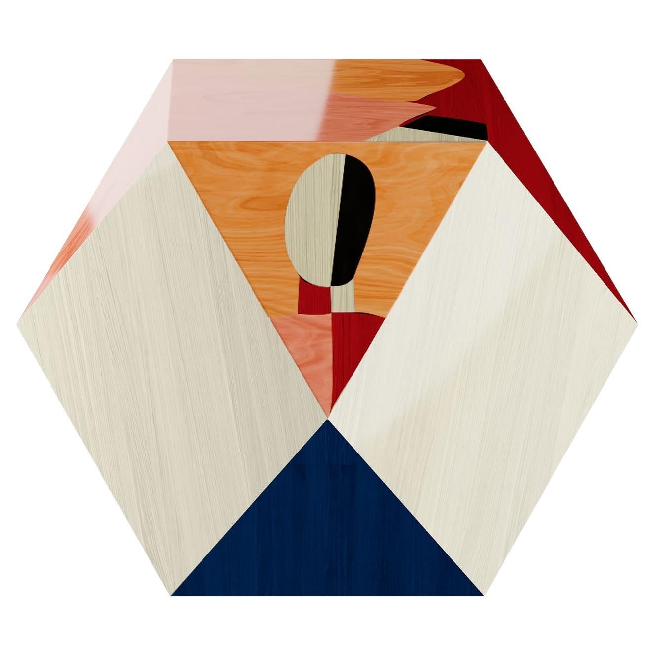 Contemporary Cubic Shape Beistelltisch Geometrische Figur Schwarz Rot Holz Intarsien 