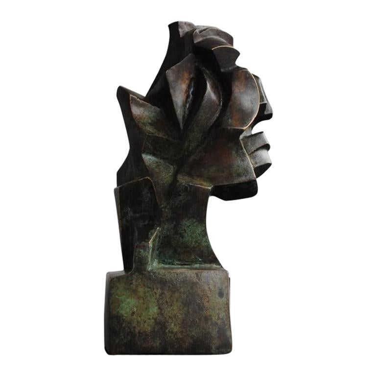 Contemporary Cubist Head in Bronze by Perrine Le Bars For Sale