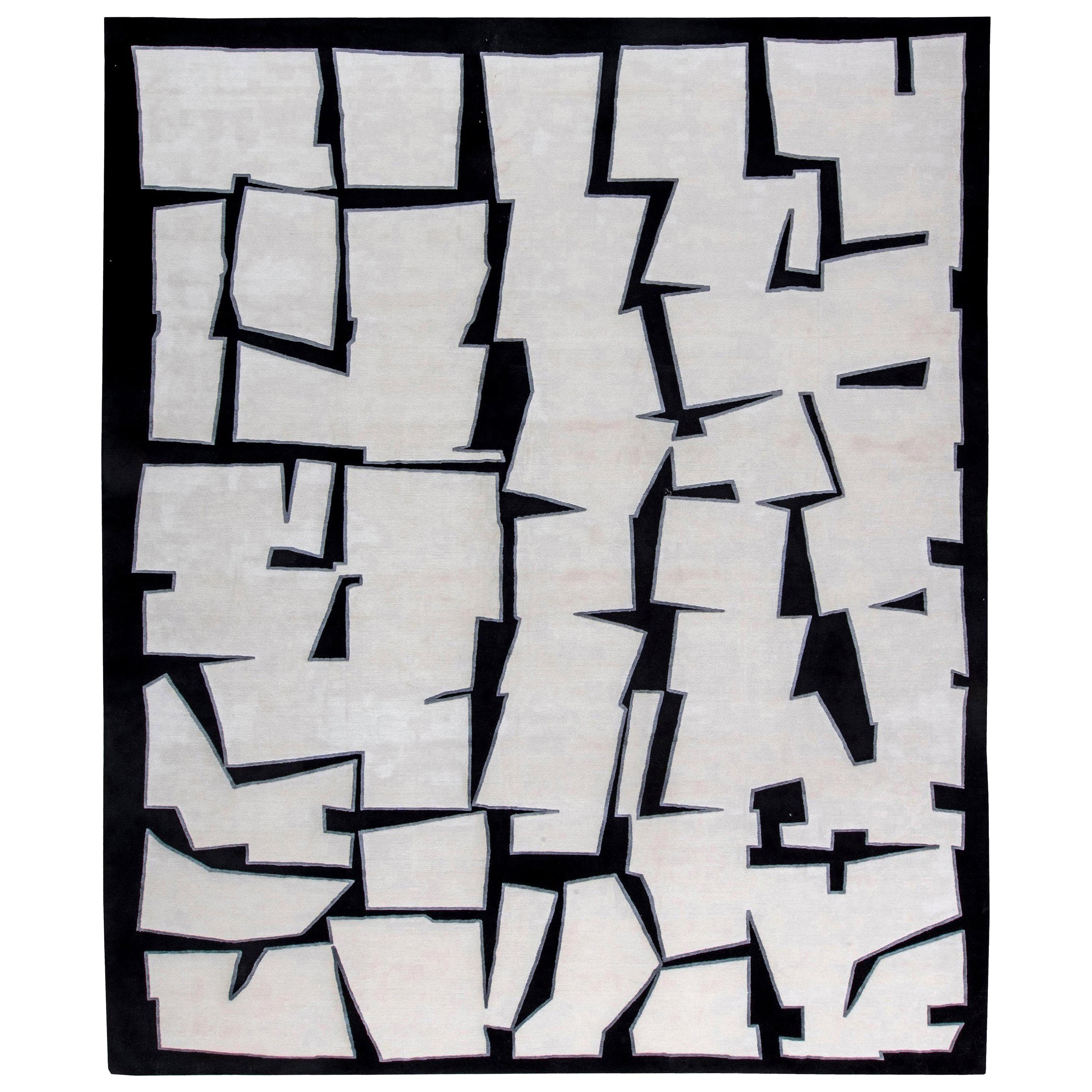 Tapis contemporain d'inspiration cubiste en soie et laine fait main par Doris Leslie Blau