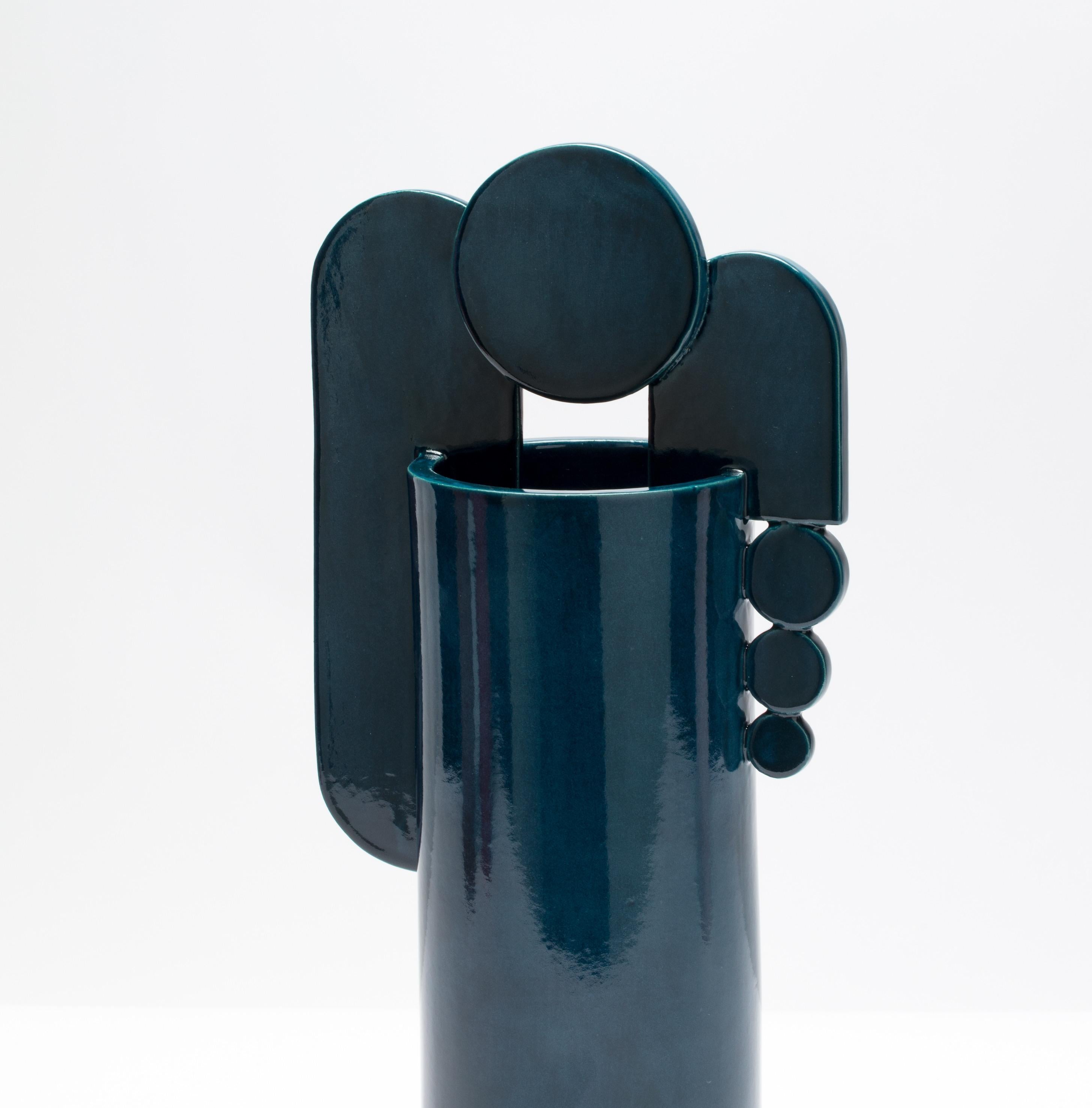 Modern Contemporary Cuorecarpenito Green Petrol Blue Ceramic Vase Glossy Glazed For Sale