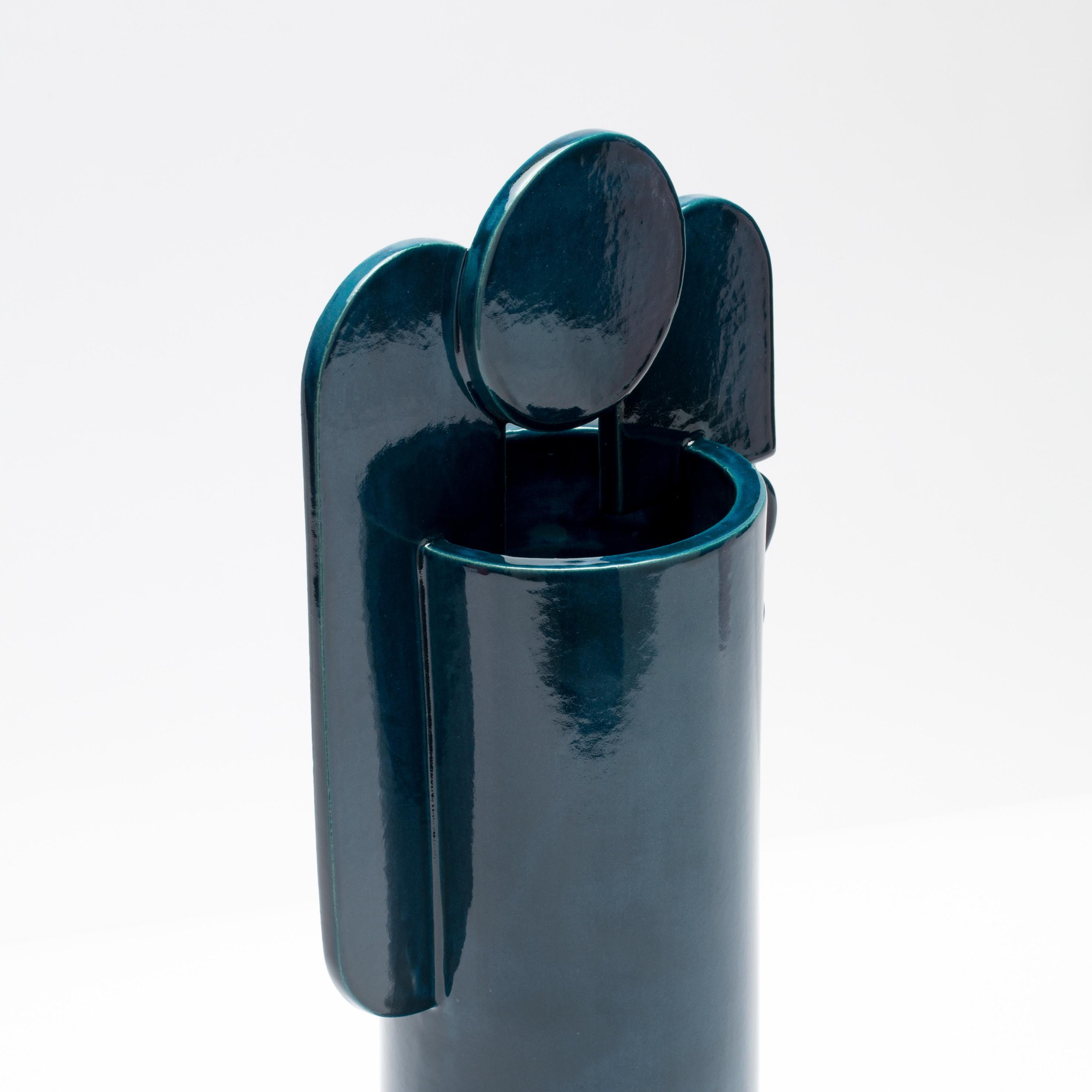 Hand-Crafted Contemporary Cuorecarpenito Green Petrol Blue Ceramic Vase Glossy Glazed For Sale