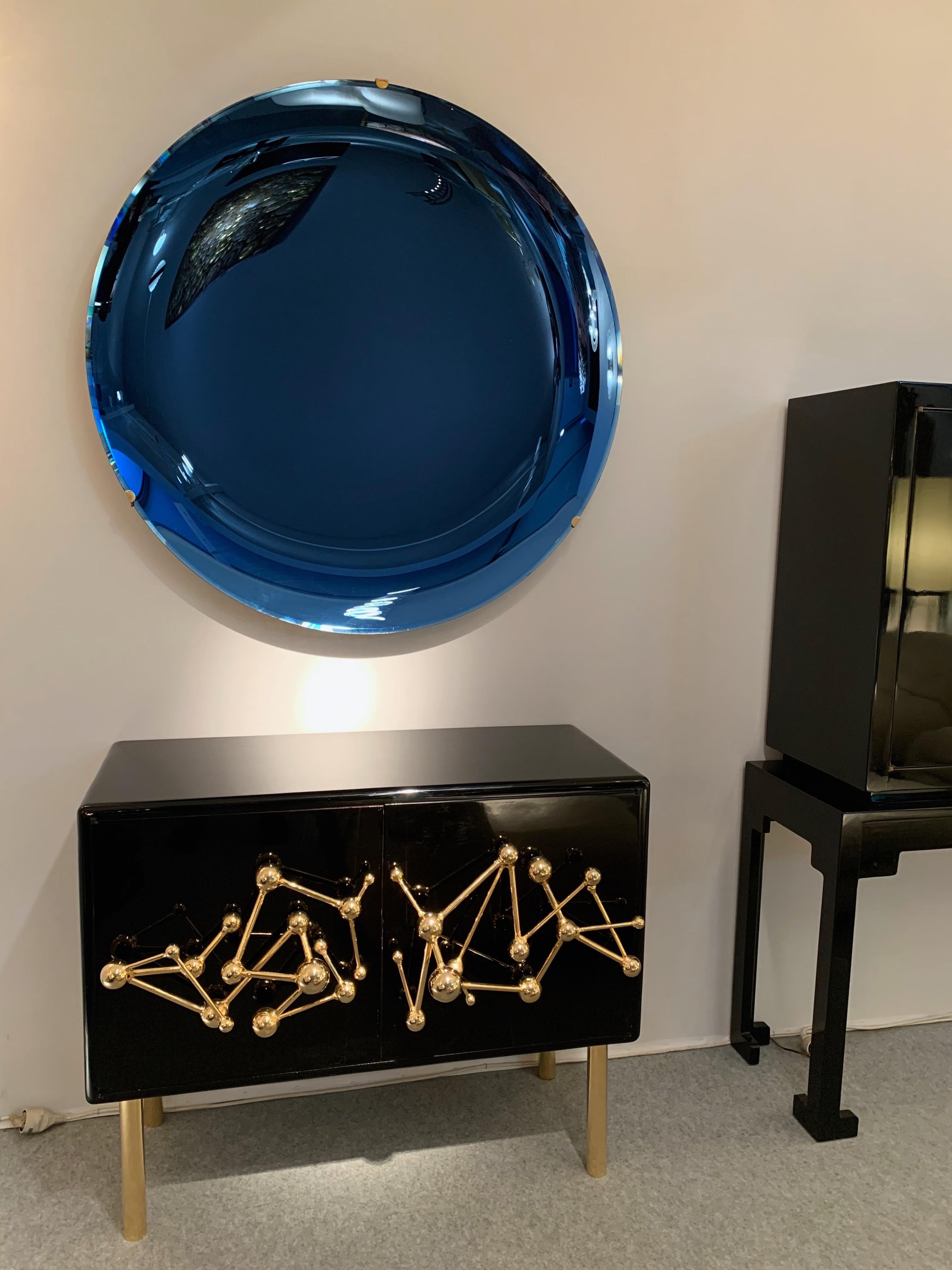 Brass Contemporary Blue Concave Curve Mirror, Italy