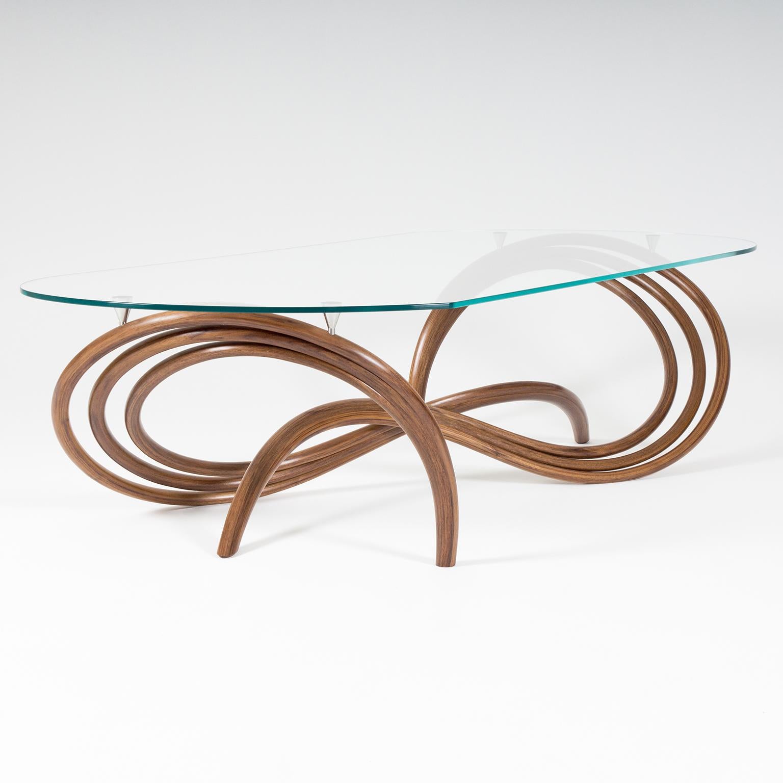 British Contemporary Curved and Sculptural Coffee Table in Walnut and glass For Sale