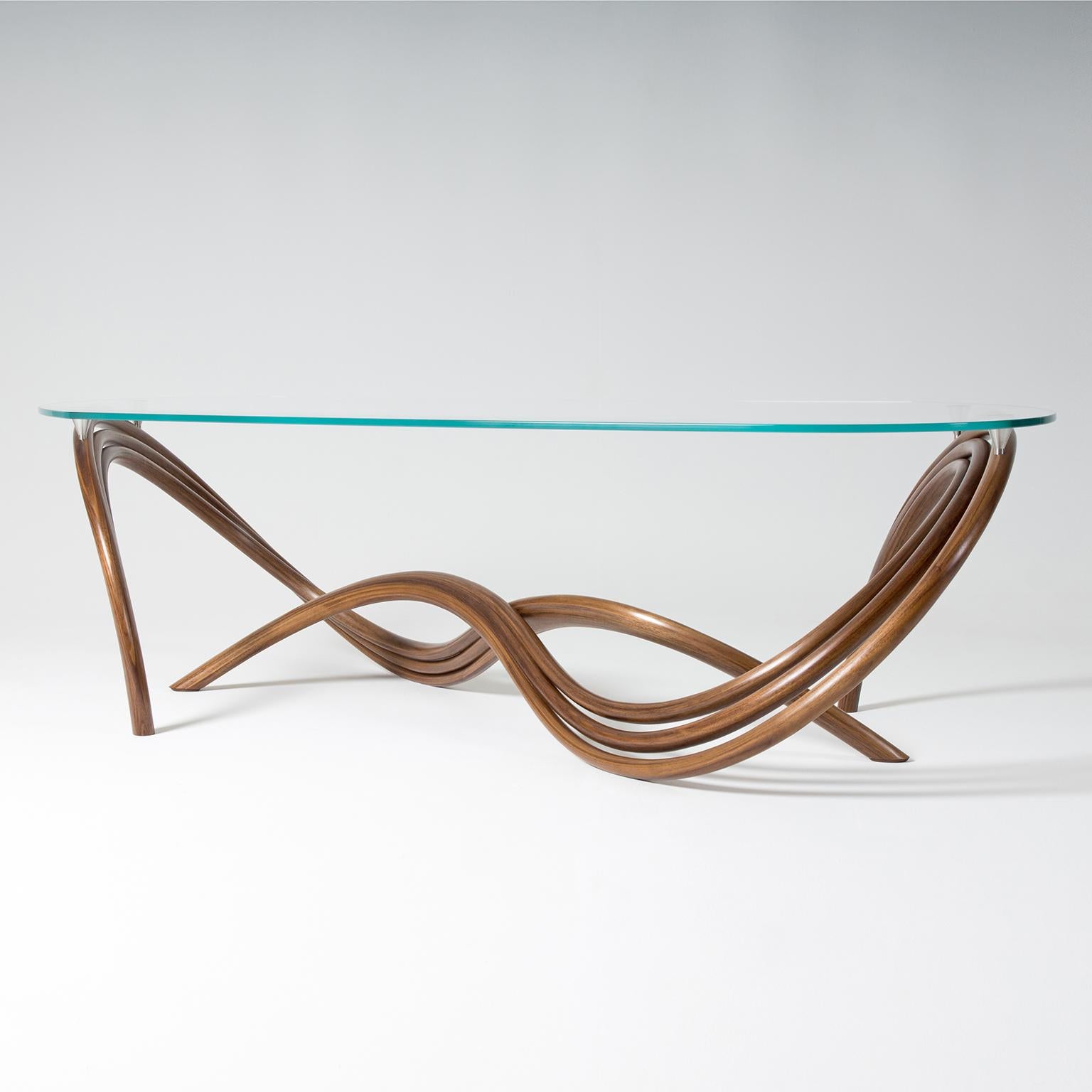 Contemporary Curved and Sculptural Coffee Table in Walnut and glass In New Condition For Sale In Bosham, GB