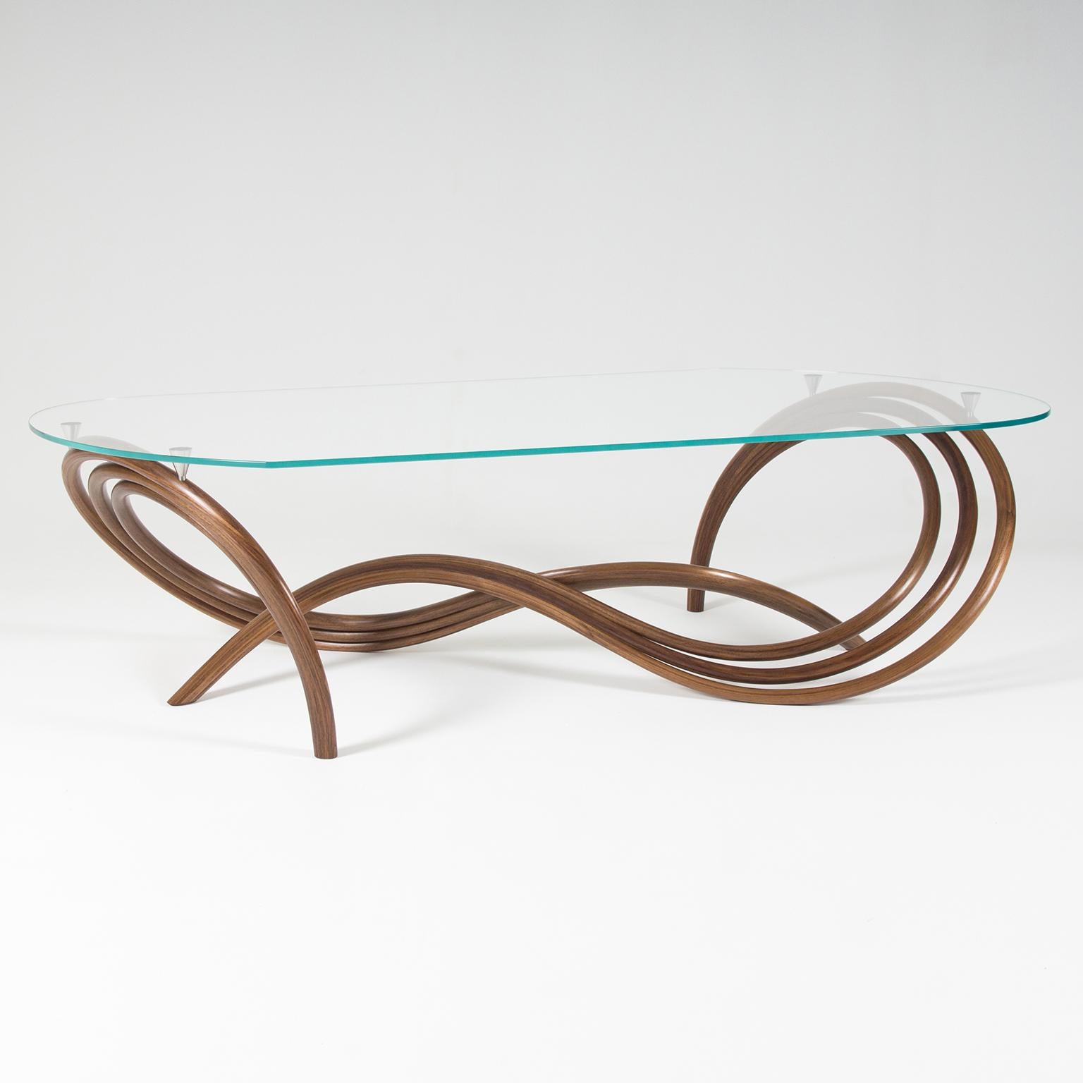 Glass Contemporary Curved and Sculptural Coffee Table in Walnut and glass For Sale