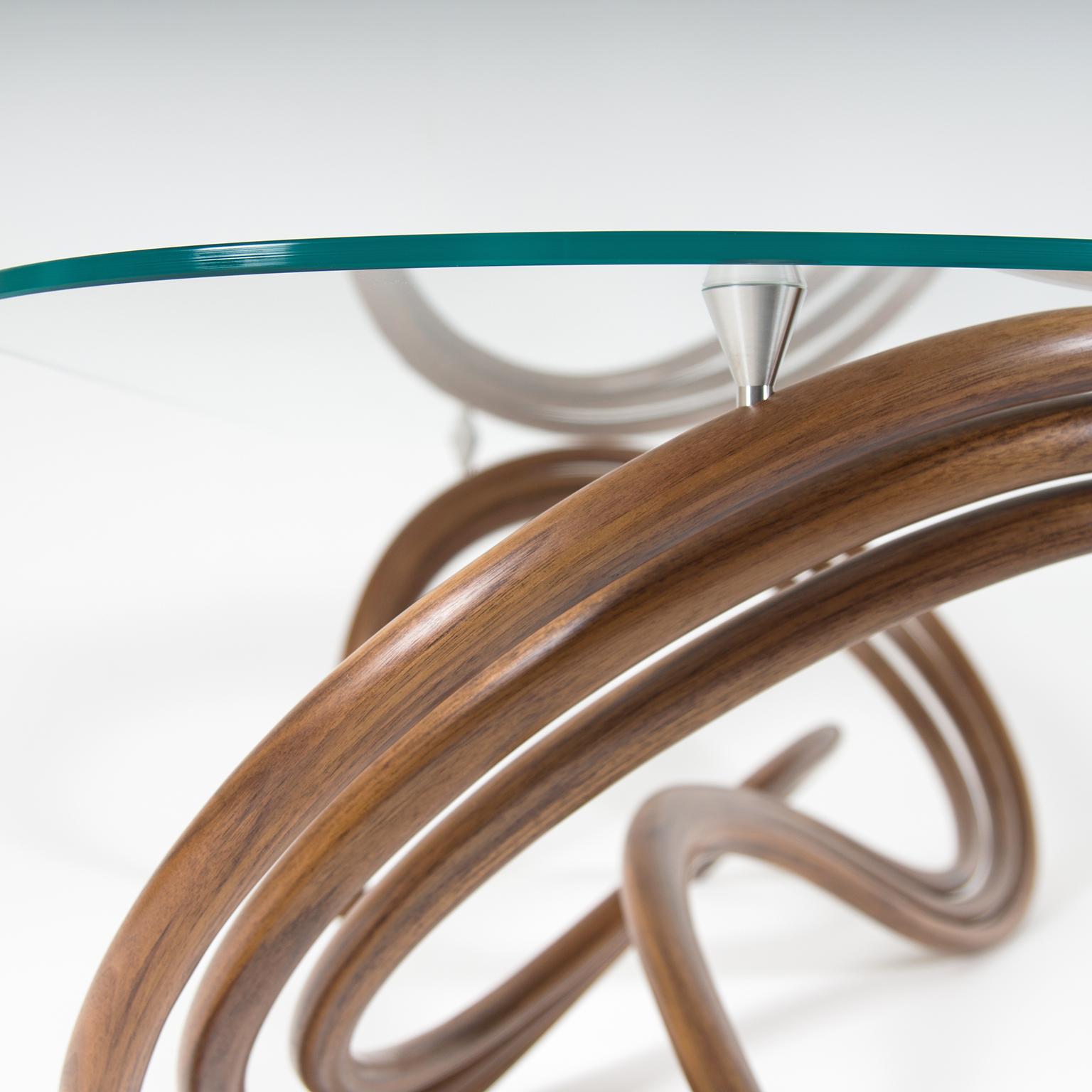 Contemporary Curved and Sculptural Coffee Table in Walnut and glass For Sale 2