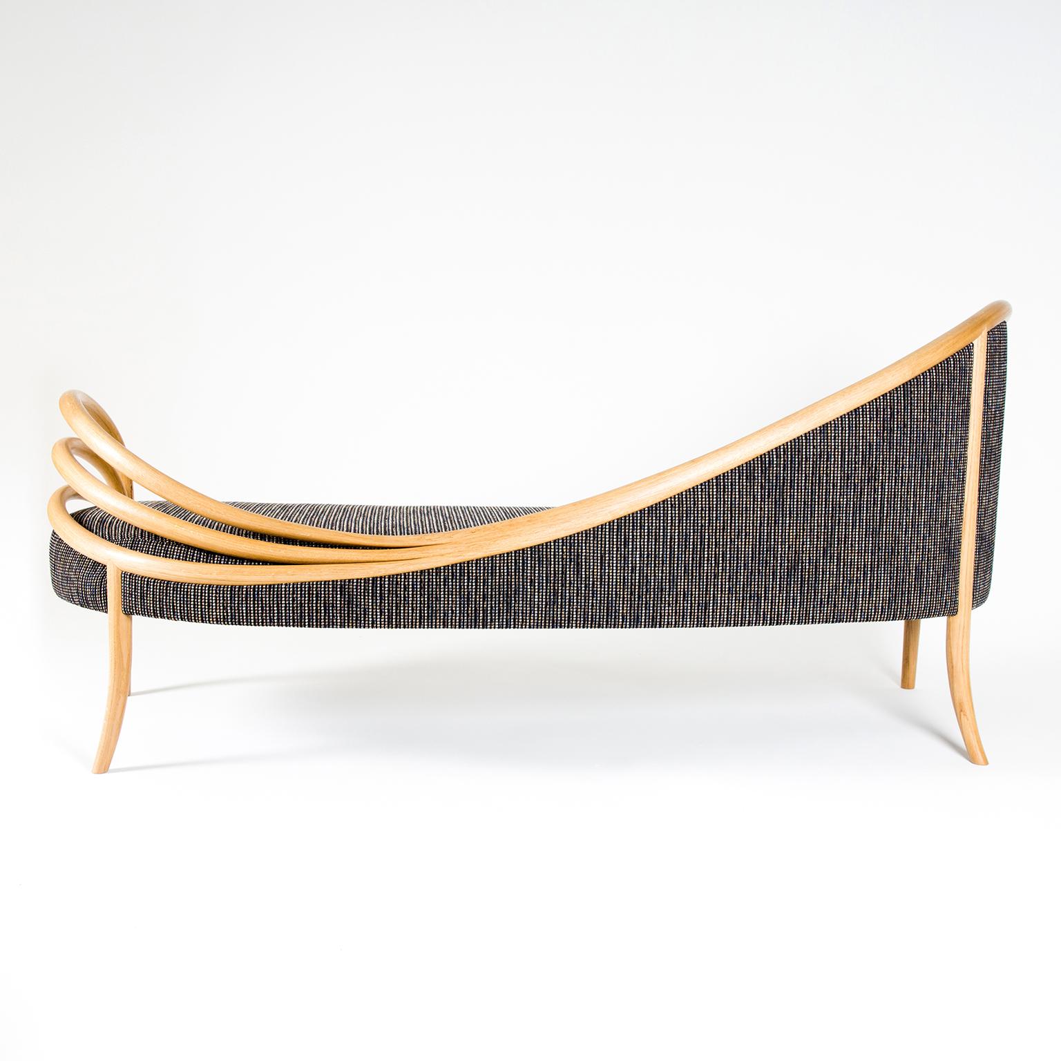 The contemporary curved and sculptural ‘Ligamentum III’ chaise longue has been designed with every twist and turn of the frame considered; from comfort at one end to sweeping elegance at the other, the lowered back reveals a stained-glass inspired