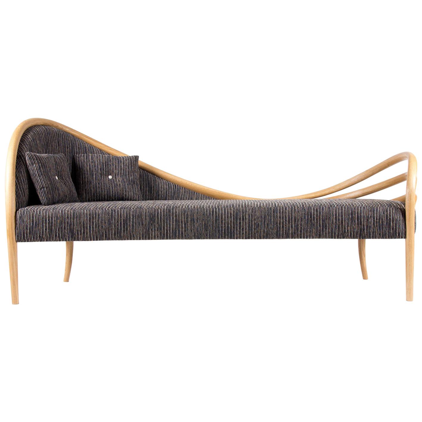 Contemporary Curved Chaise Longue made in Oak with Grey Fabric For Sale
