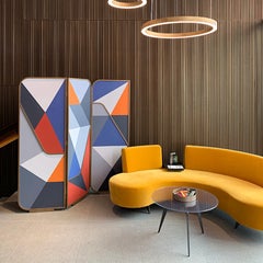 Contemporary Curved Conversation Sofa in Yellow Velvet with Table