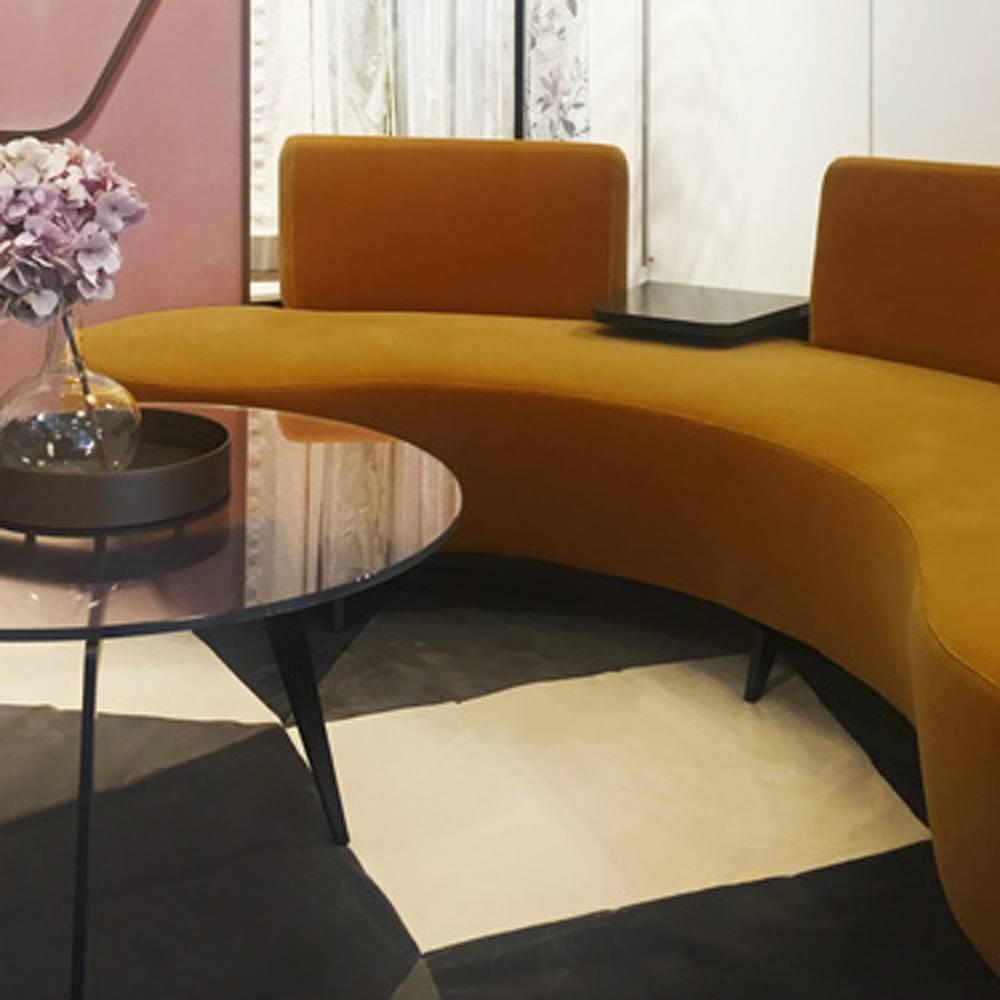 Italian Contemporary Curved Conversation Sofa in Yellow Velvet with Table For Sale