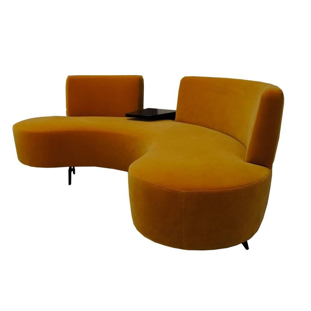 Contemporary Curved Conversation Sofa in Yellow Velvet with Table For Sale