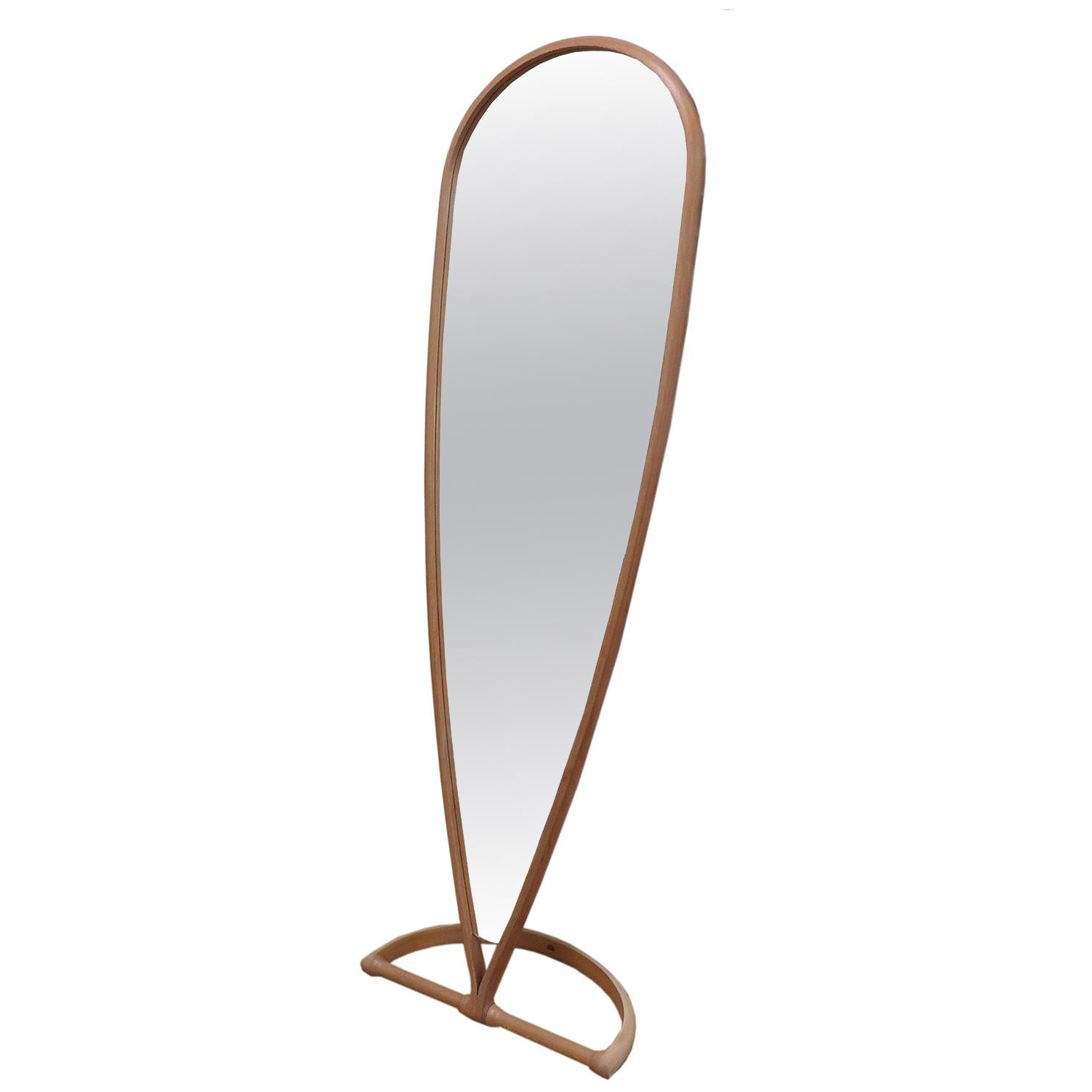 Contemporary curved teardrop shape full-length mirror made in London Plane wood For Sale