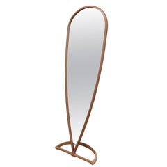 Contemporary curved teardrop shape full-length mirror made in London Plane wood