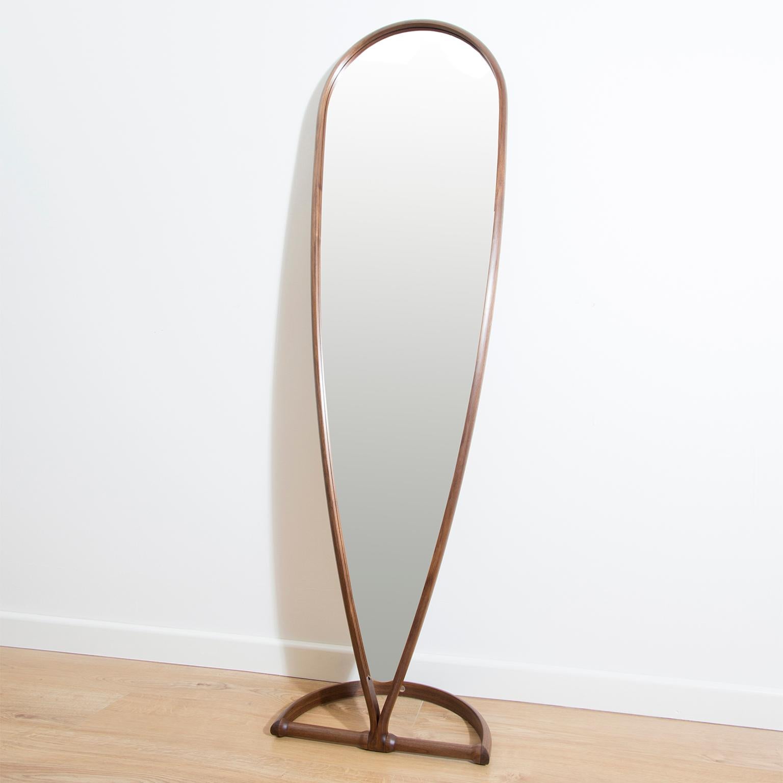Oiled Contemporary curved teardrop shape full-length mirror made in walnut wood For Sale