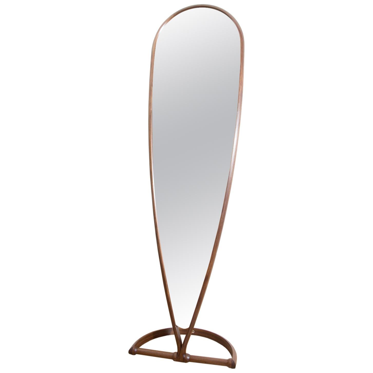 Contemporary curved teardrop shape full-length mirror made in walnut wood For Sale