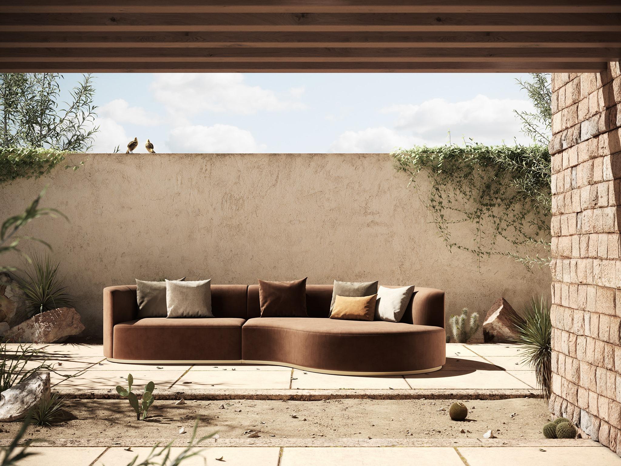 Extra tief gebogenes Sofa aus Samt und Metallgestell, angeboten in Performance (Edelstahl) im Angebot