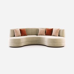 Beige Velvet Curved Sofa with Fumed Eucalyptus Base from Portugal