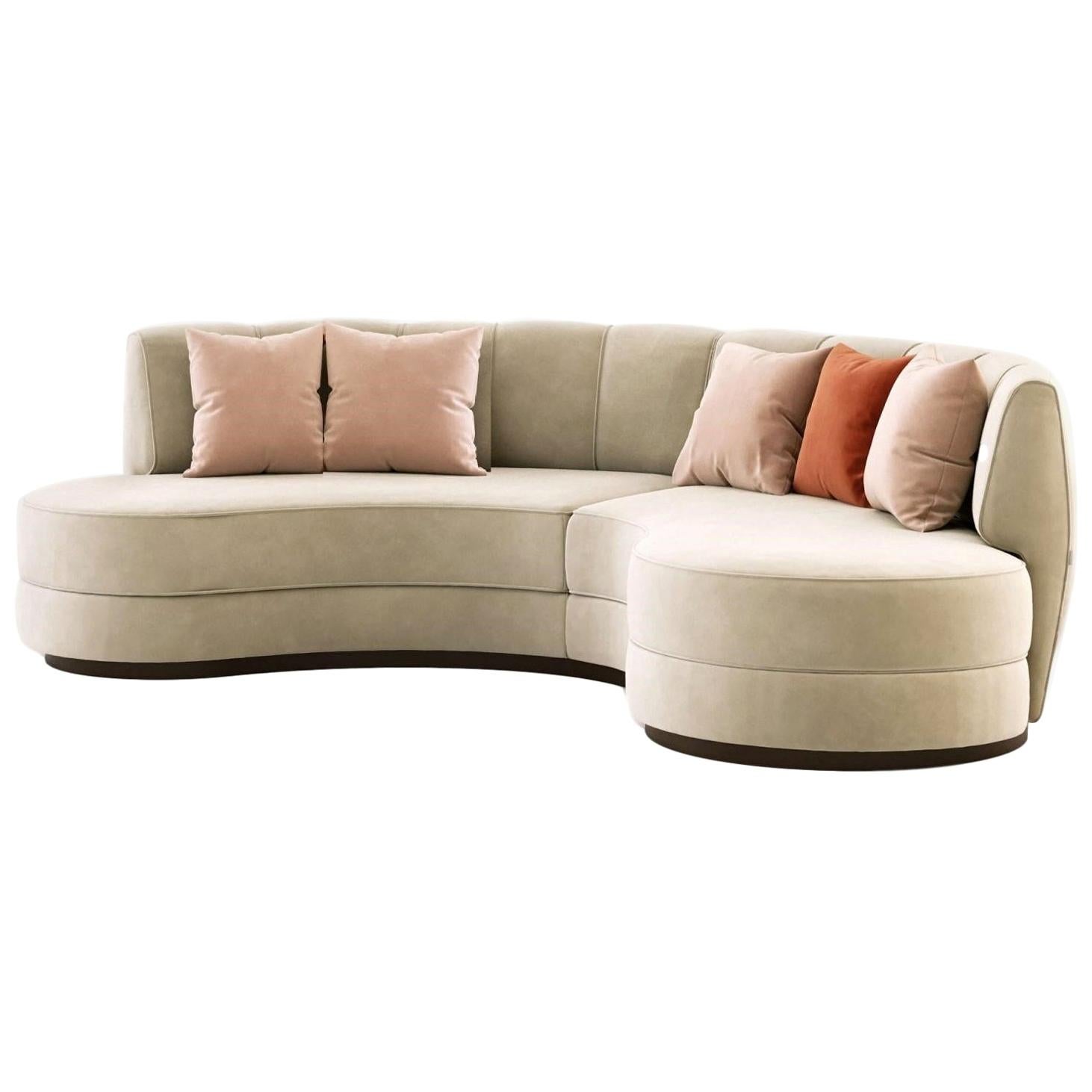 Contemporary Curved Sofa in Linen Beige Velvet 
