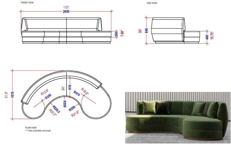 Contemporary Curved Velvet Sofa in Eden Green Velvet and Walnut For Sale 3