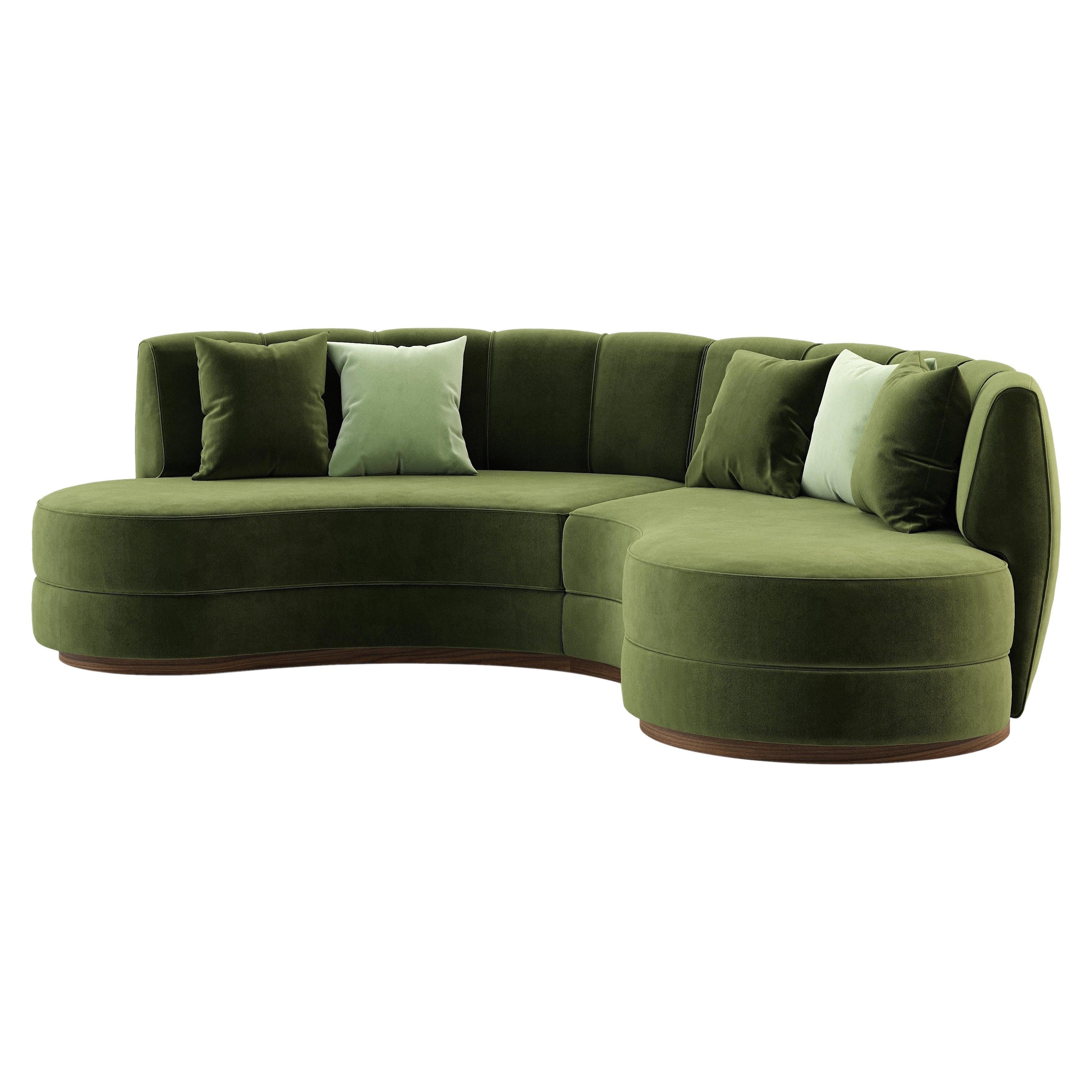 Curved Velvet Sofa in Dark Green Velvet and Walnut Base