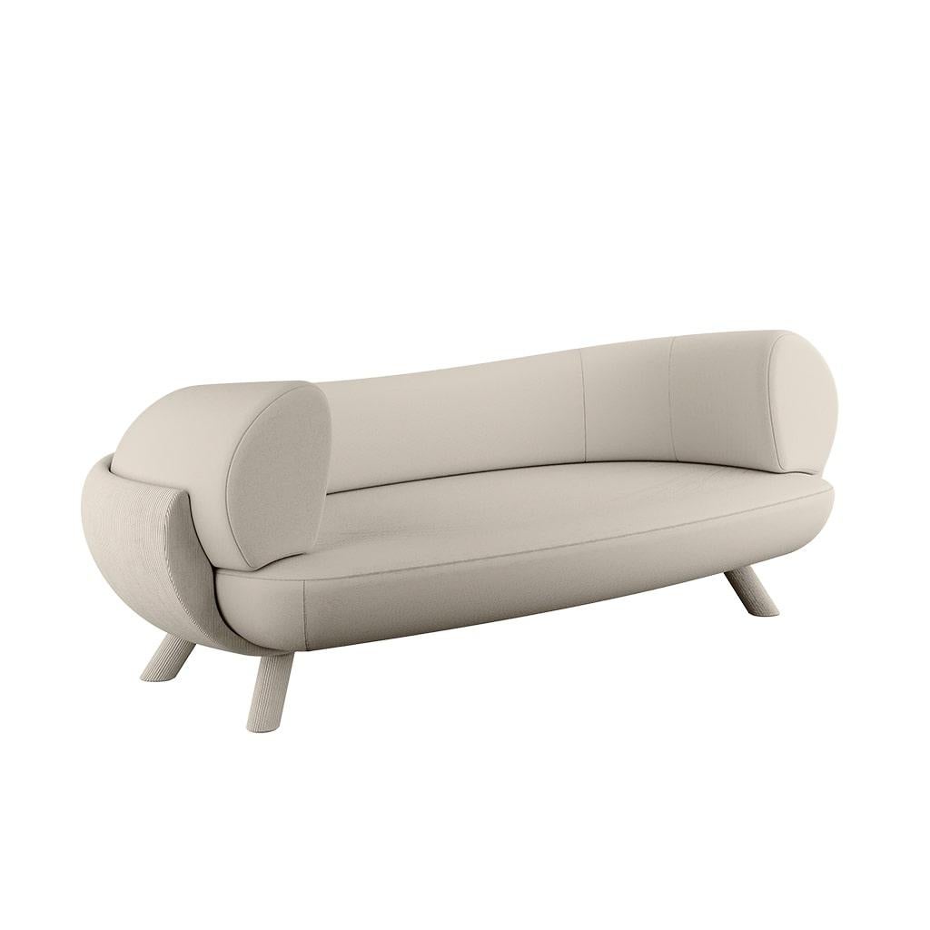 Contemporary Curved White Sofa Upholstered in Velvet & Corduroy Plush Armrests 
The Rose Sofa exudes modern elegance with its sophisticated curved design and unparalleled comfort. This contemporary curved sofa showcases a graceful waved shape and