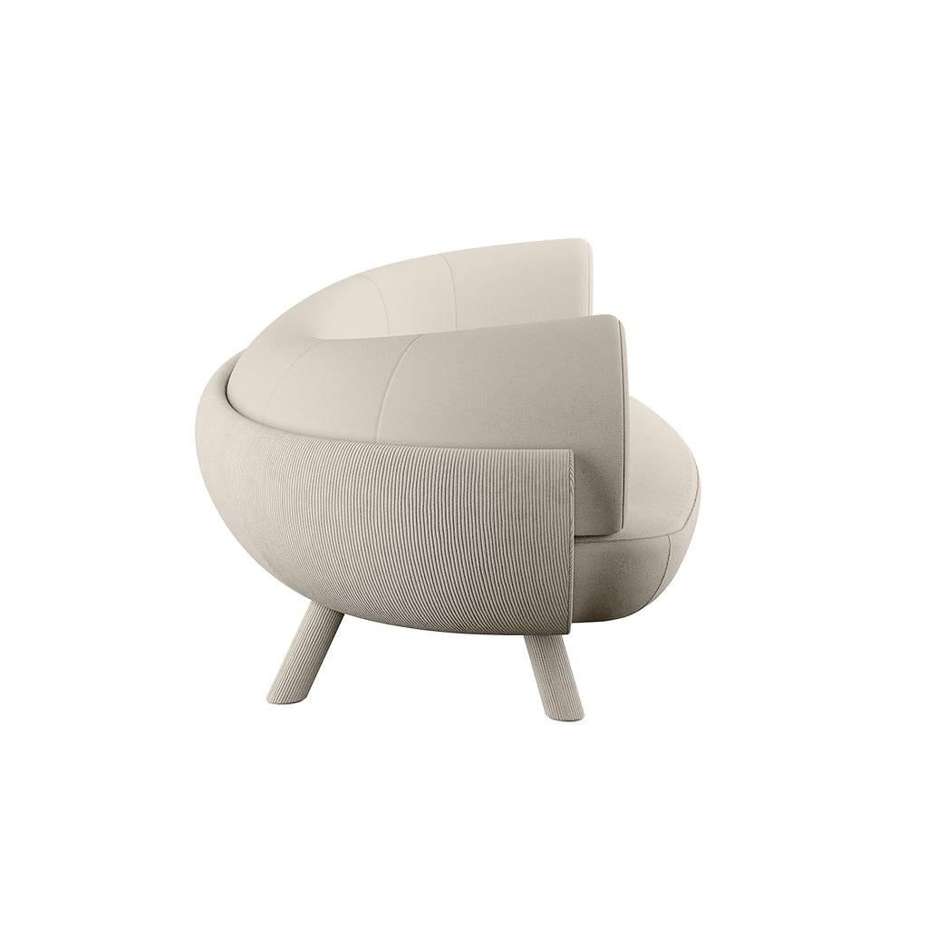 Mid-Century Modern Contemporary Curved White Sofa Upholstered in Velvet & Corduroy Plush Armrests For Sale