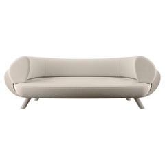 Contemporary Curved White Sofa Upholstered in Velvet & Corduroy Plush Armrests