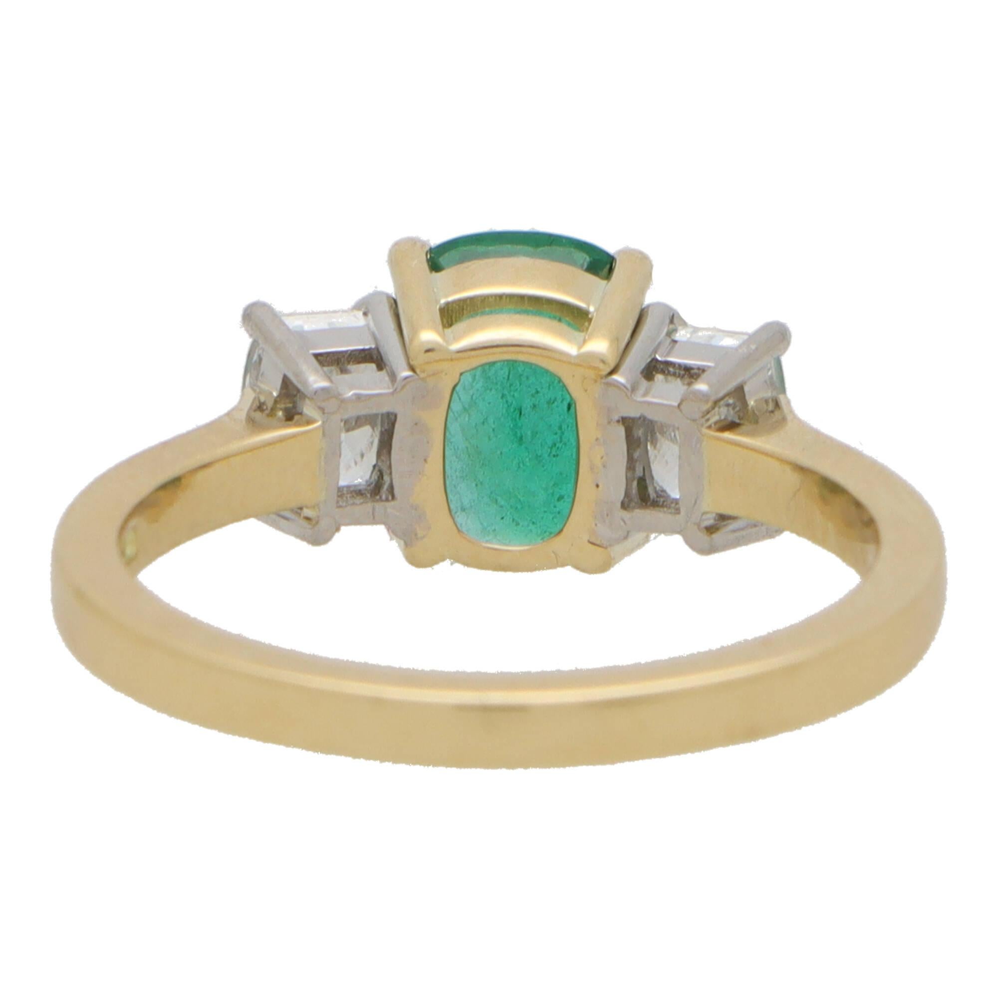 Women's or Men's Contemporary Cushion Cut Emerald and Diamond Three Stone Ring in 18k Gold