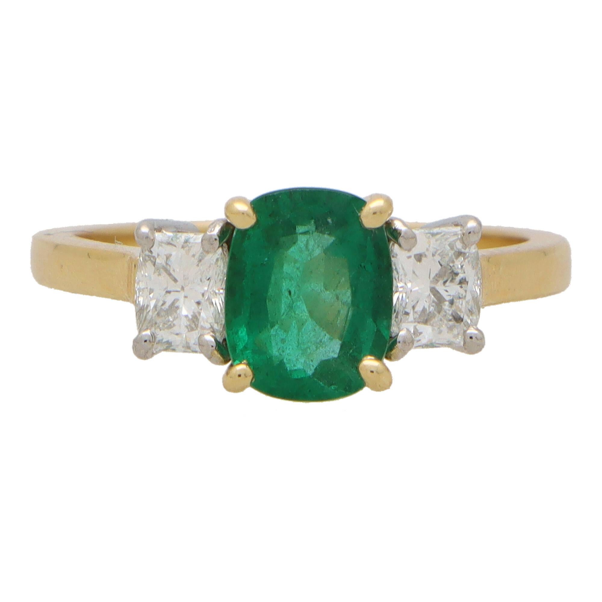 Contemporary Cushion Cut Emerald and Diamond Three Stone Ring in 18k Gold
