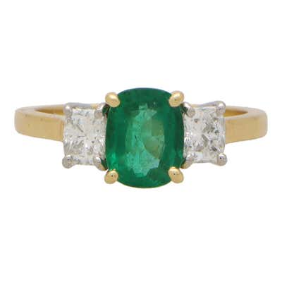 Vintage 18 Carat Gold Emerald and Diamond Three-Stone Ring For Sale at ...