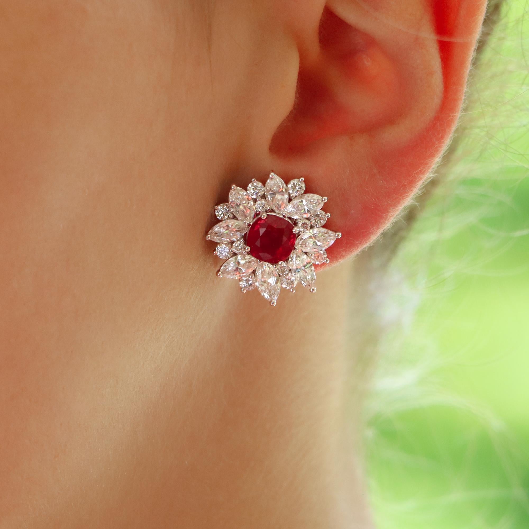 Modern Contemporary Cushion Cut Ruby and Diamond Cluster Earrings Set in Platinum  For Sale