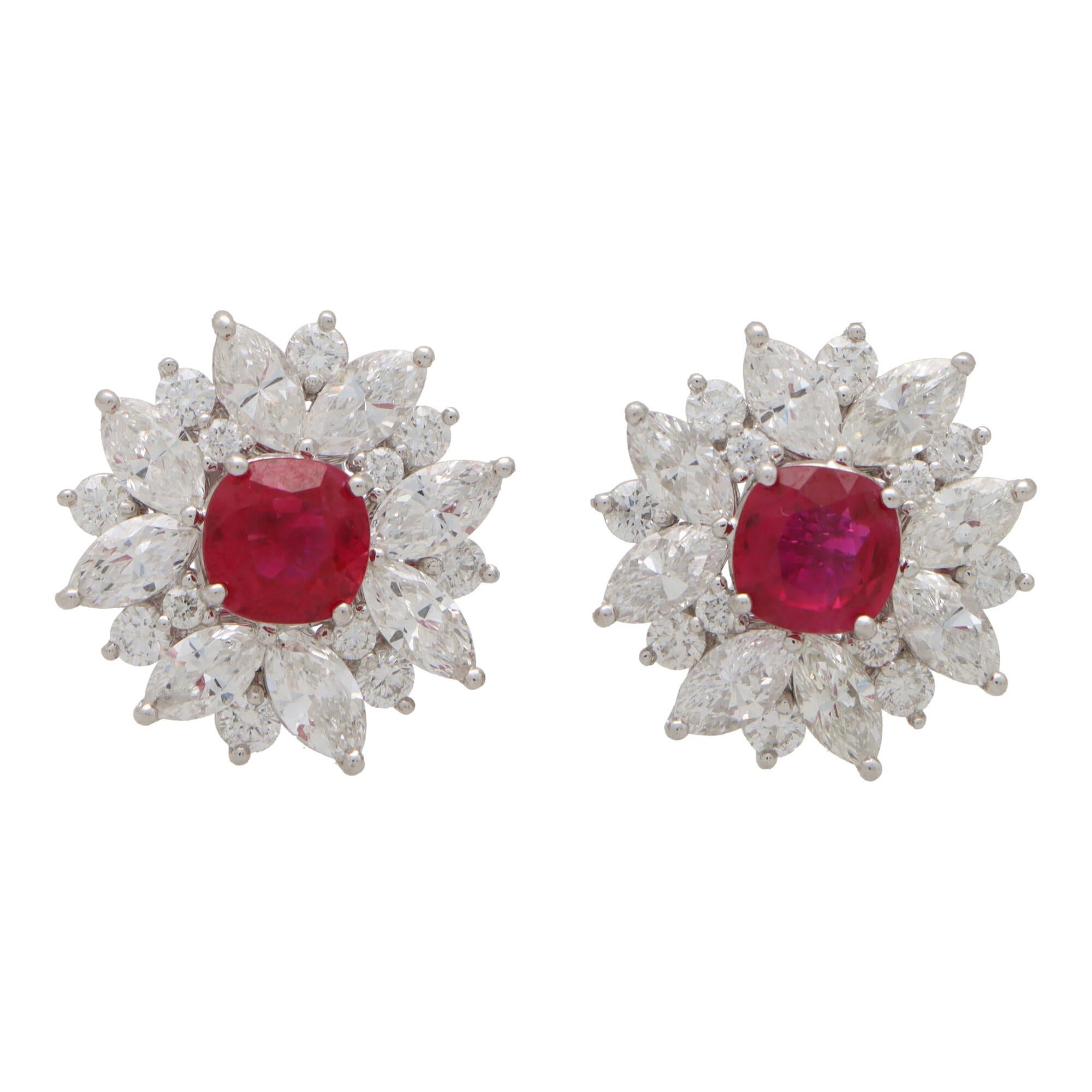 Contemporary Cushion Cut Ruby and Diamond Cluster Earrings Set in Platinum  In New Condition For Sale In London, GB