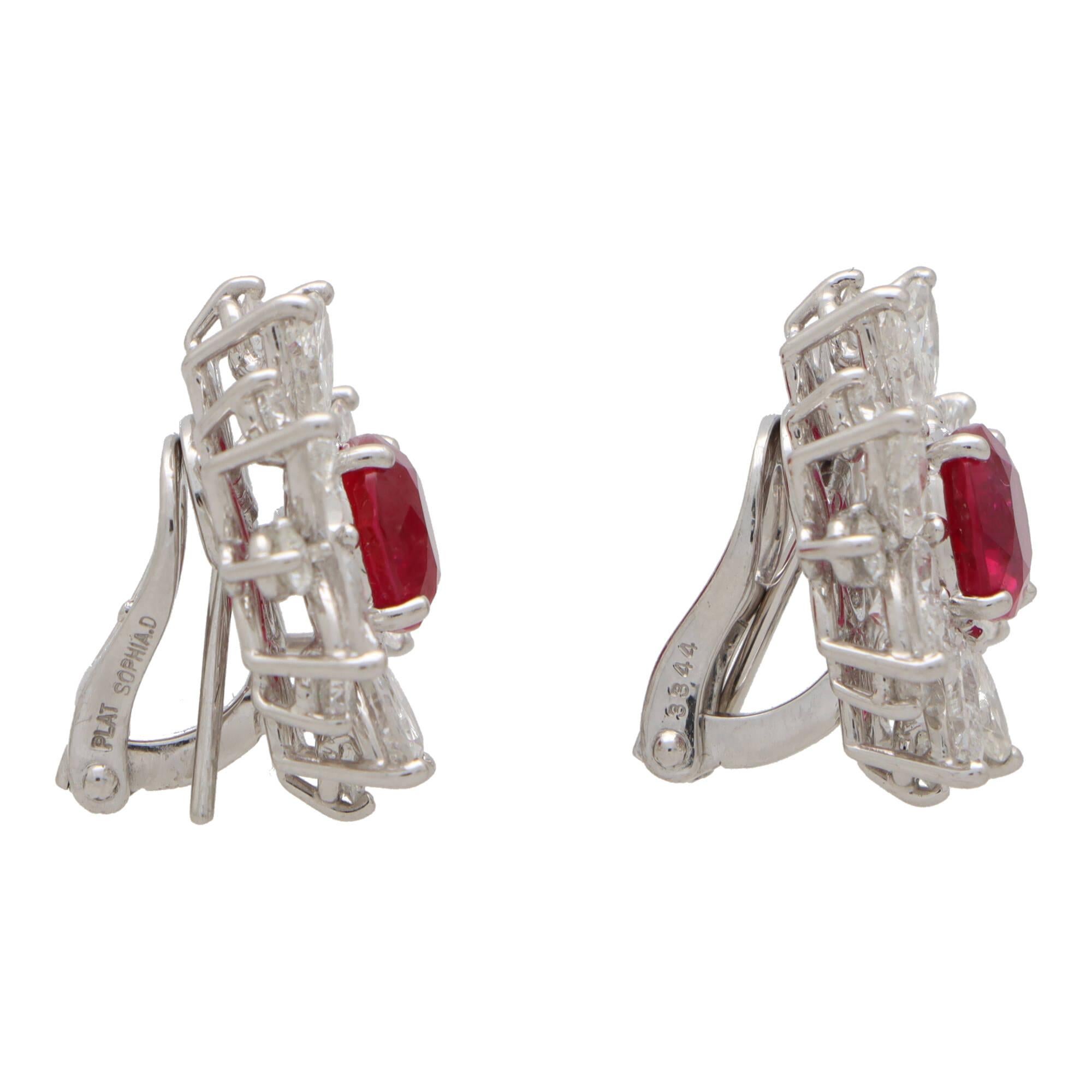 Women's or Men's Contemporary Cushion Cut Ruby and Diamond Cluster Earrings Set in Platinum  For Sale