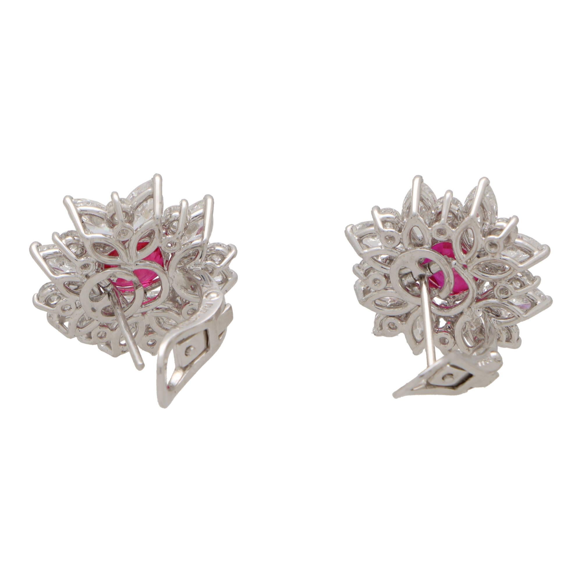 Contemporary Cushion Cut Ruby and Diamond Cluster Earrings Set in Platinum  For Sale 1