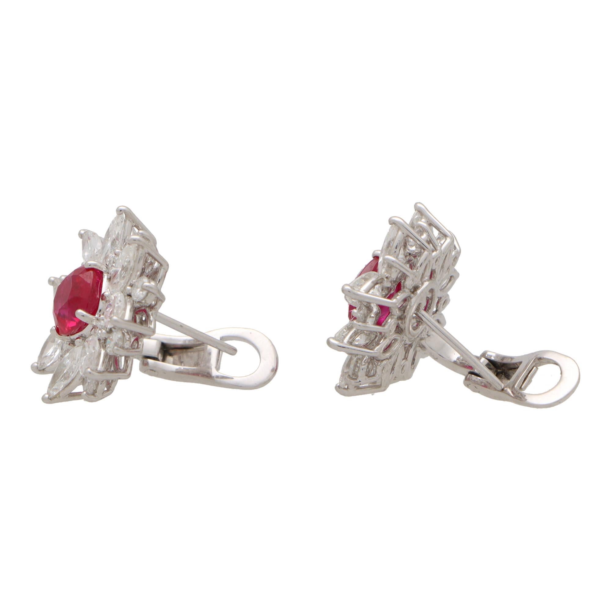 Contemporary Cushion Cut Ruby and Diamond Cluster Earrings Set in Platinum  For Sale 2