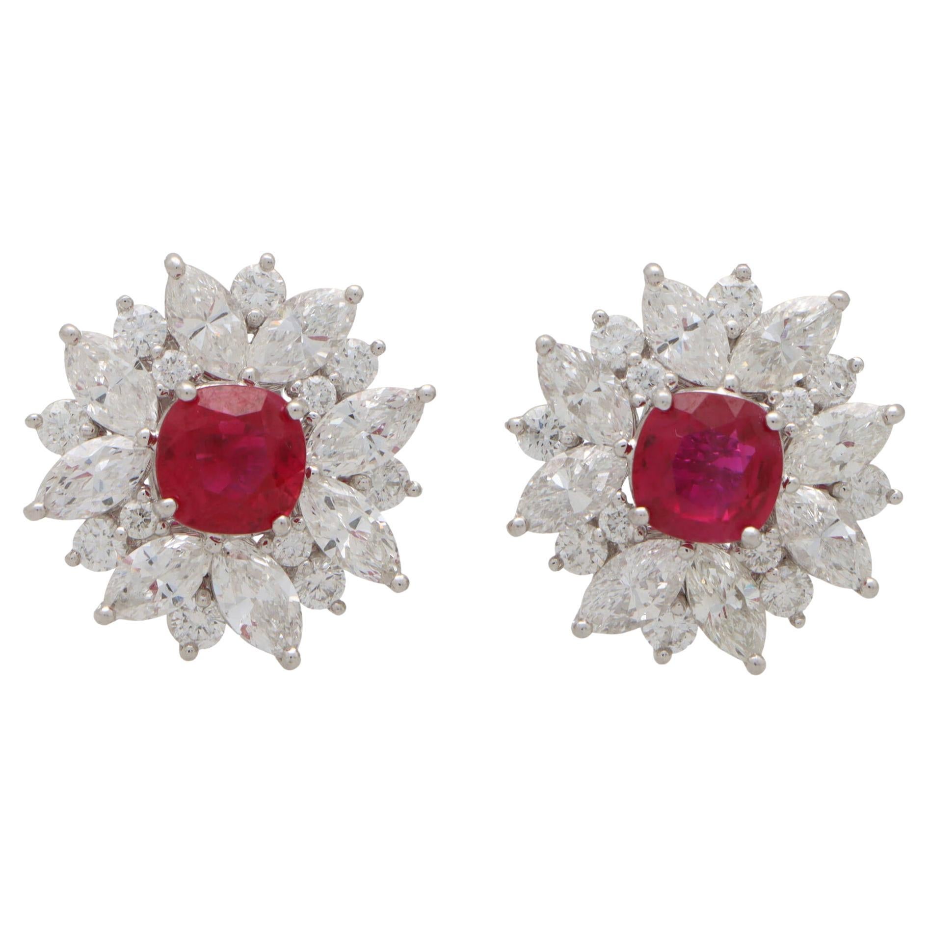 Contemporary Cushion Cut Ruby and Diamond Cluster Earrings Set in Platinum  For Sale