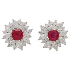 Contemporary Cushion Cut Ruby and Diamond Cluster Earrings Set in Platinum 