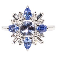 Contemporary Cushion Cut Sapphire 
Diamond Cluster Ring 18 Carat White Gold
