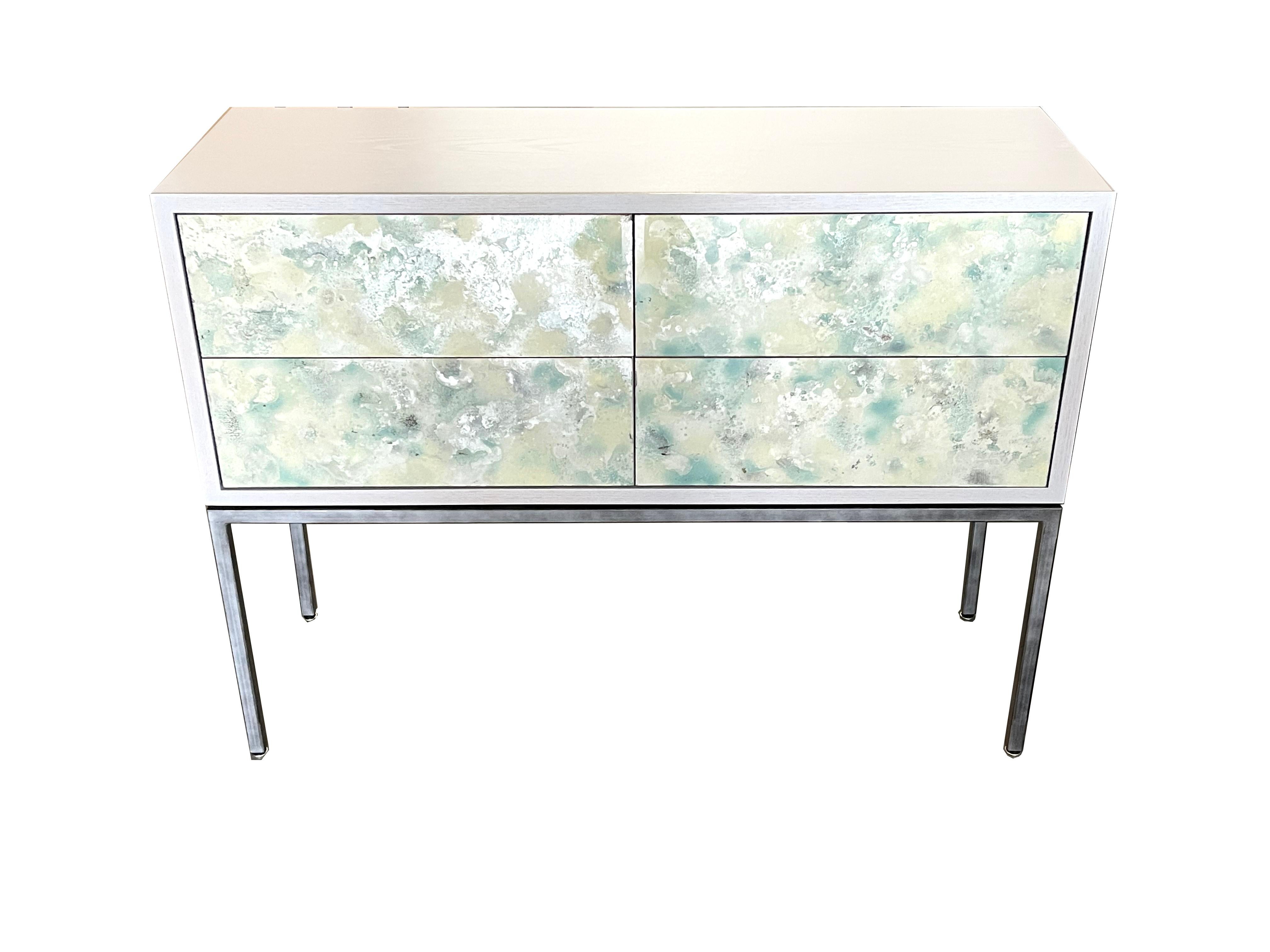 American Modern 4-Drawer Églomisé Mirror Console with Natural Metal Legs by Ercole Home For Sale