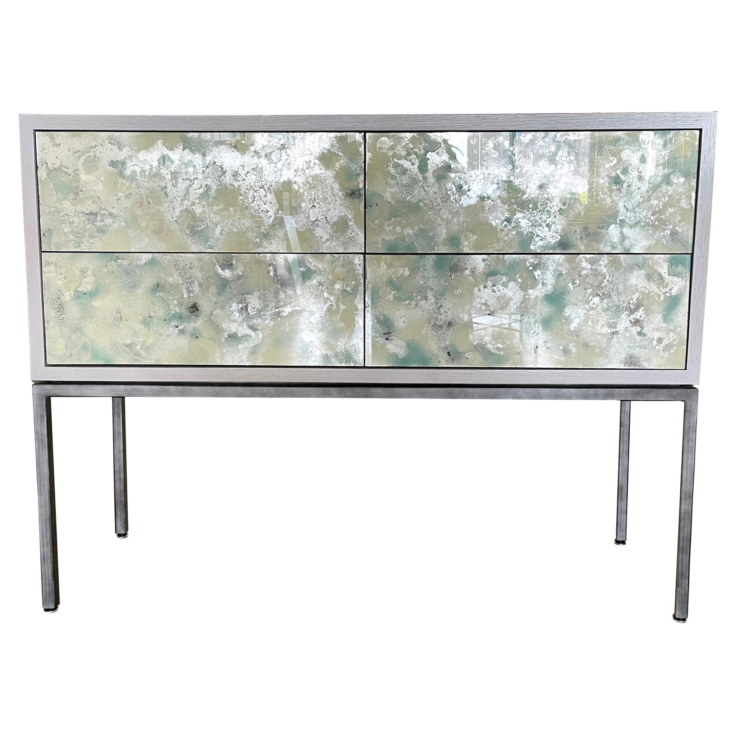 Modern 4-Drawer Églomisé Mirror Console with Natural Metal Legs by Ercole Home
