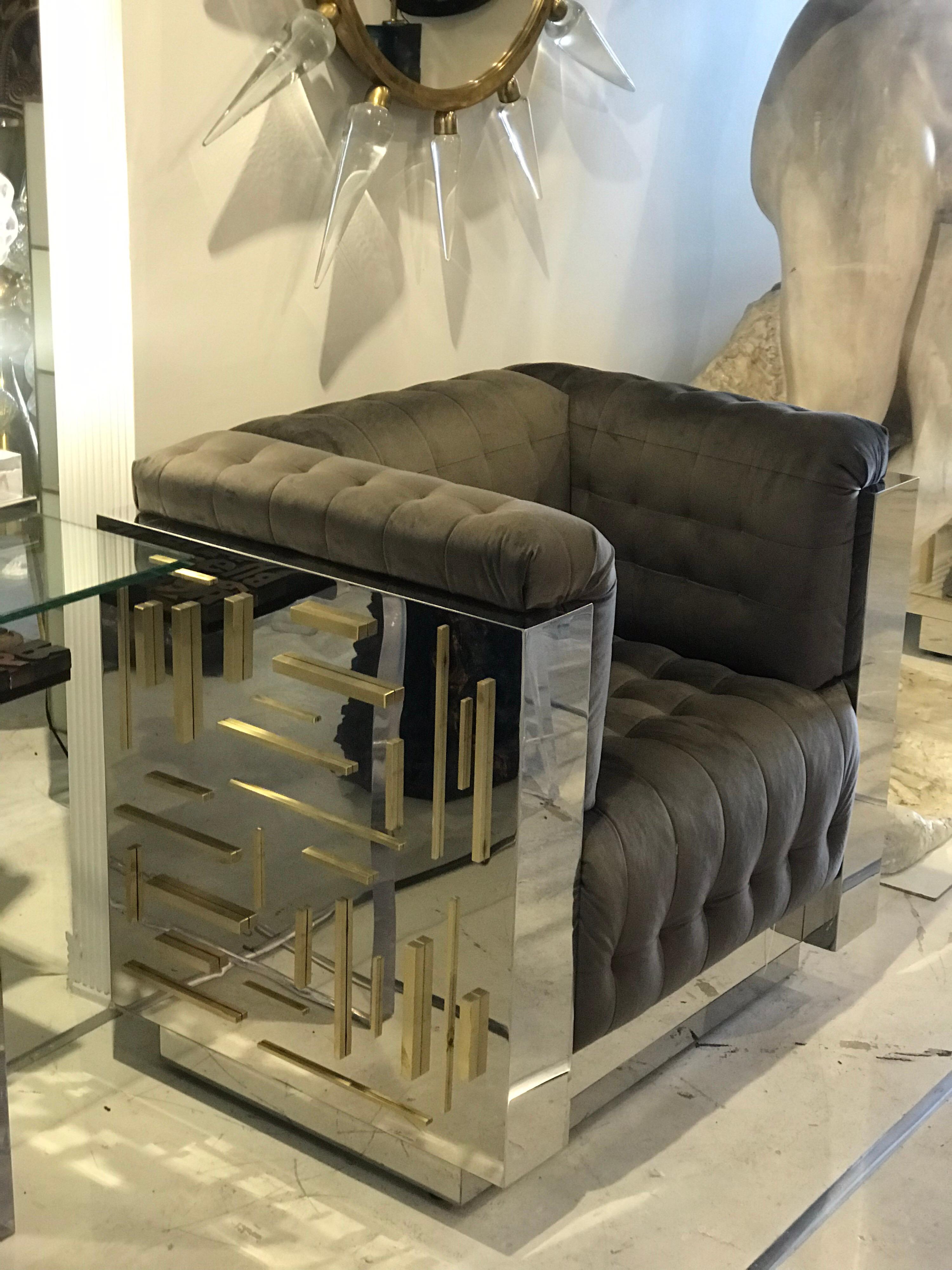 Contemporary Custom Made Pair of Club Chairs in Brass and Steel In Good Condition In Miami, FL