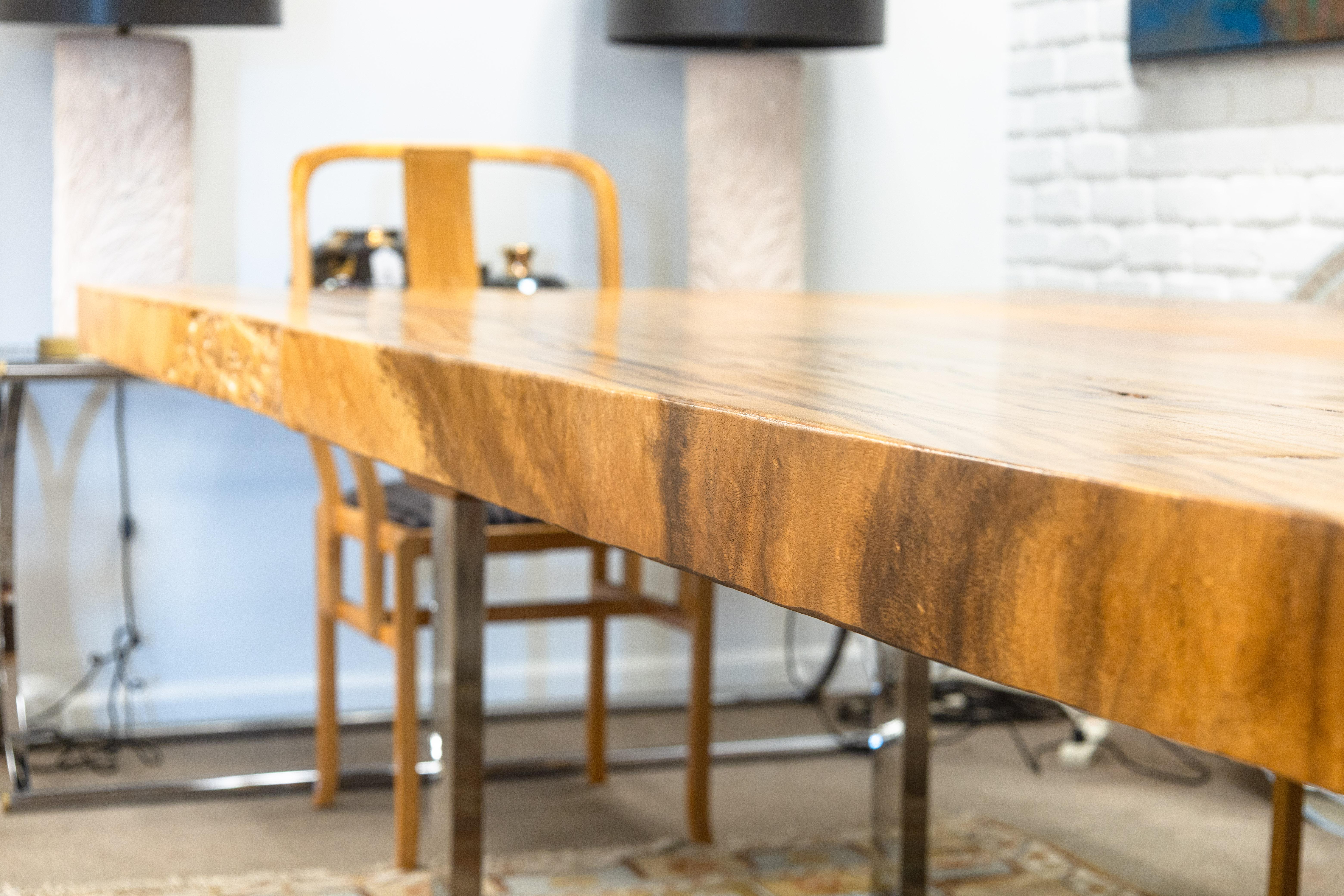 Contemporary Custom Made Solid Wood Freeform Dining Table w Polished Chrome Legs In Good Condition For Sale In Keego Harbor, MI