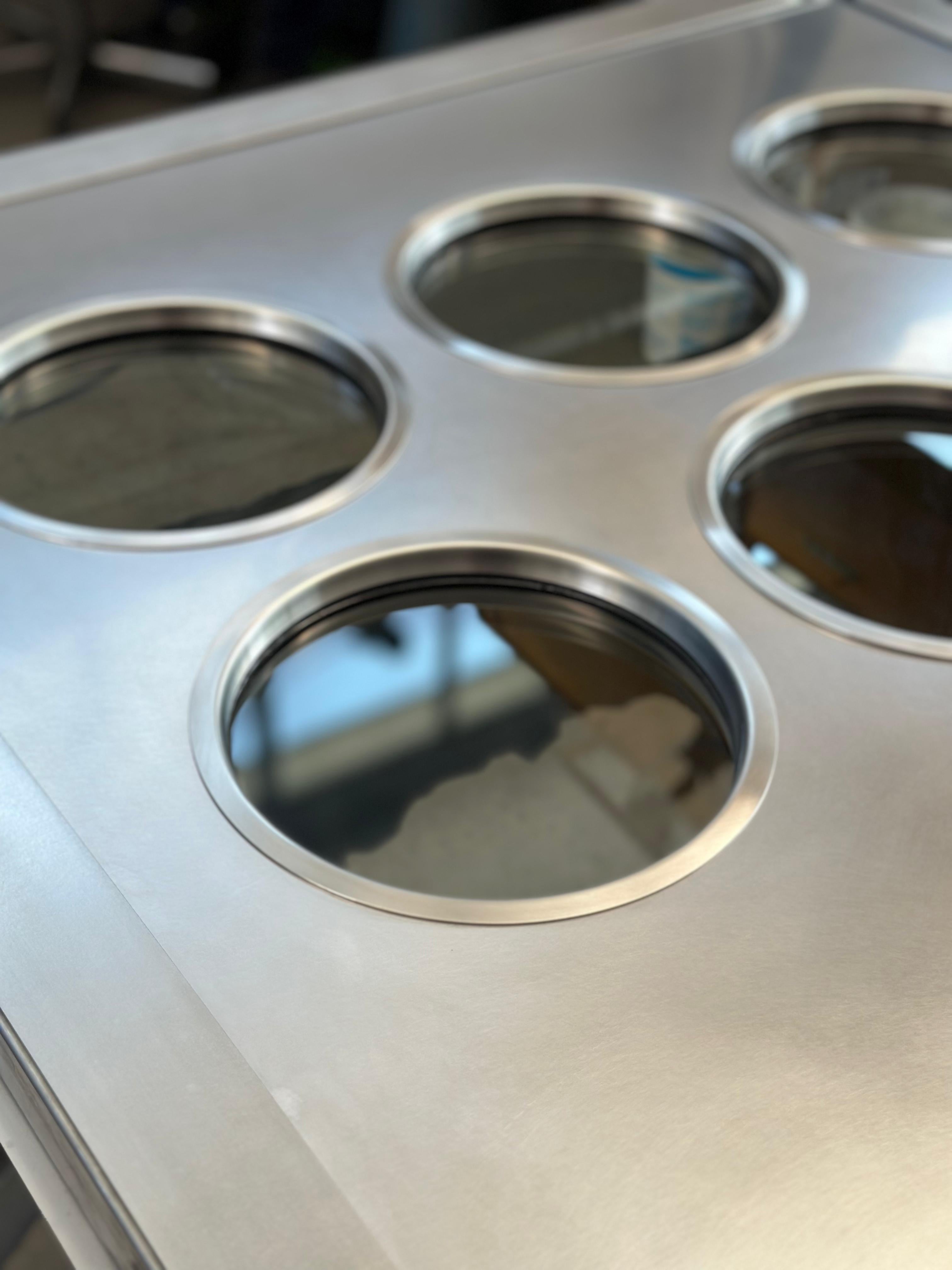 Contemporary custom made Spinzi stainless steel metal door with round portholes For Sale 12