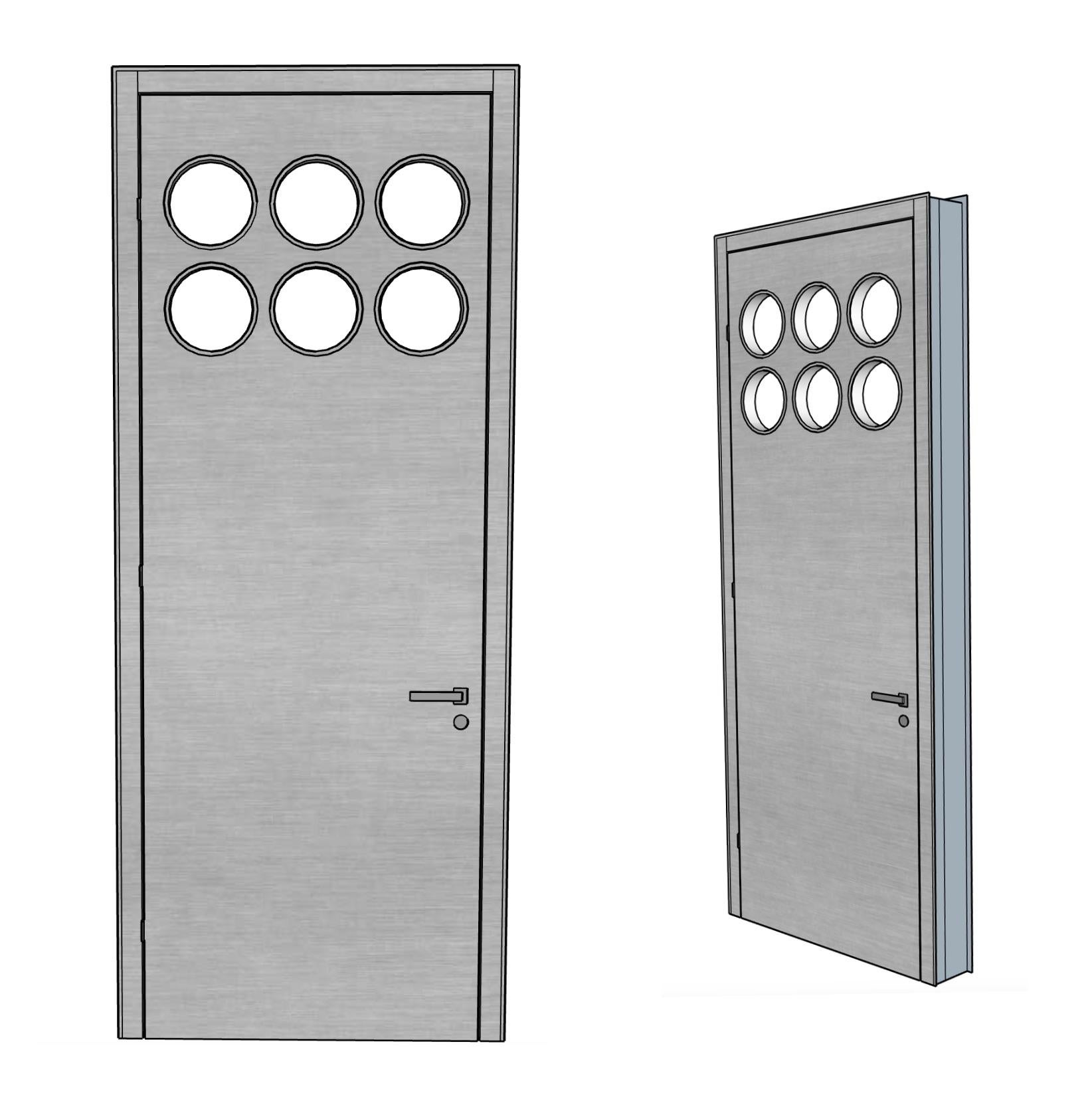 Contemporary custom made Spinzi stainless steel metal door with round portholes For Sale 14