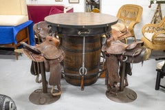 Contemporary Custom Made Whiskey Barrel Pub Table with 4 Horse Saddle Stools