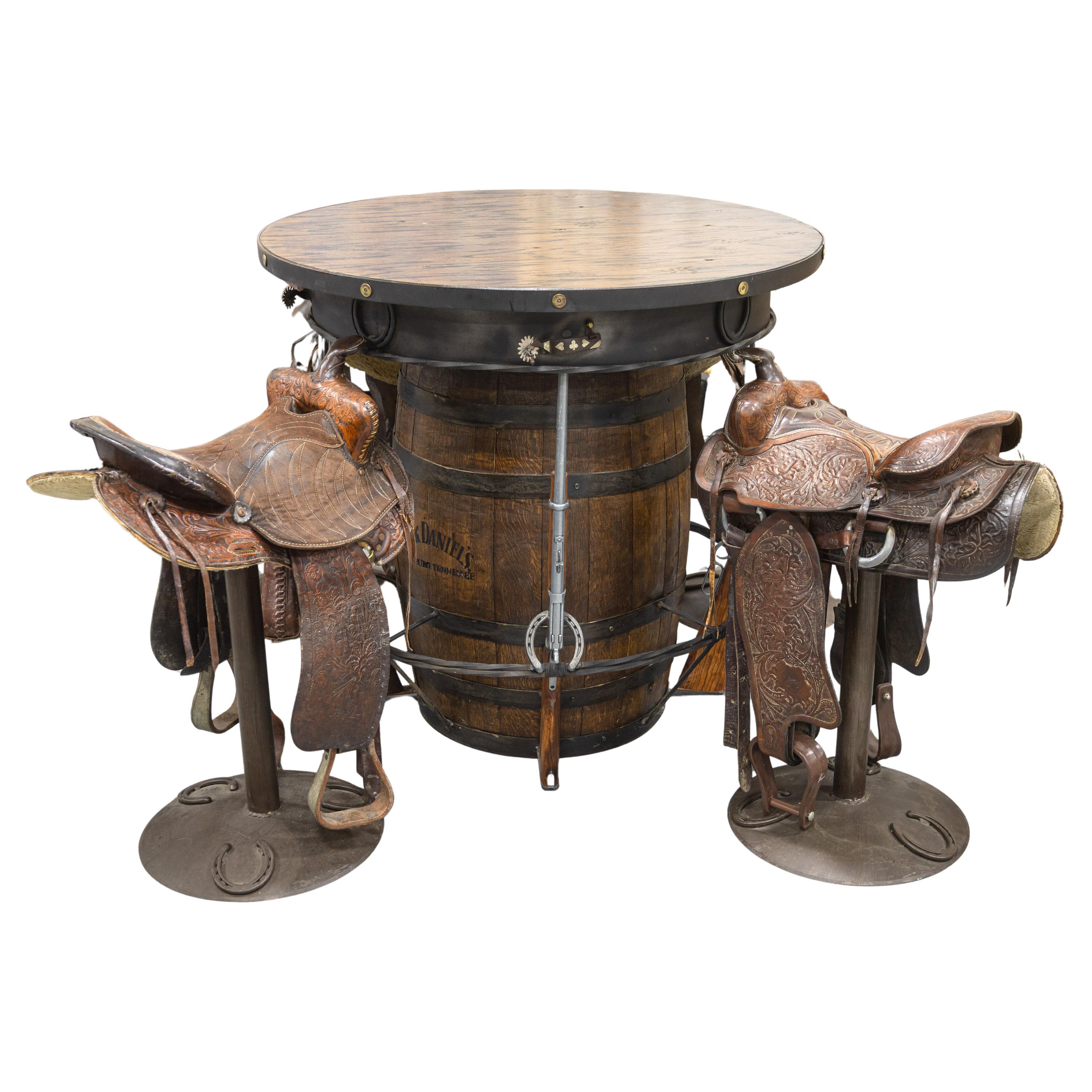 Contemporary Custom Made Whiskey Barrel Pub Table with 4 Horse Saddle Stools For Sale