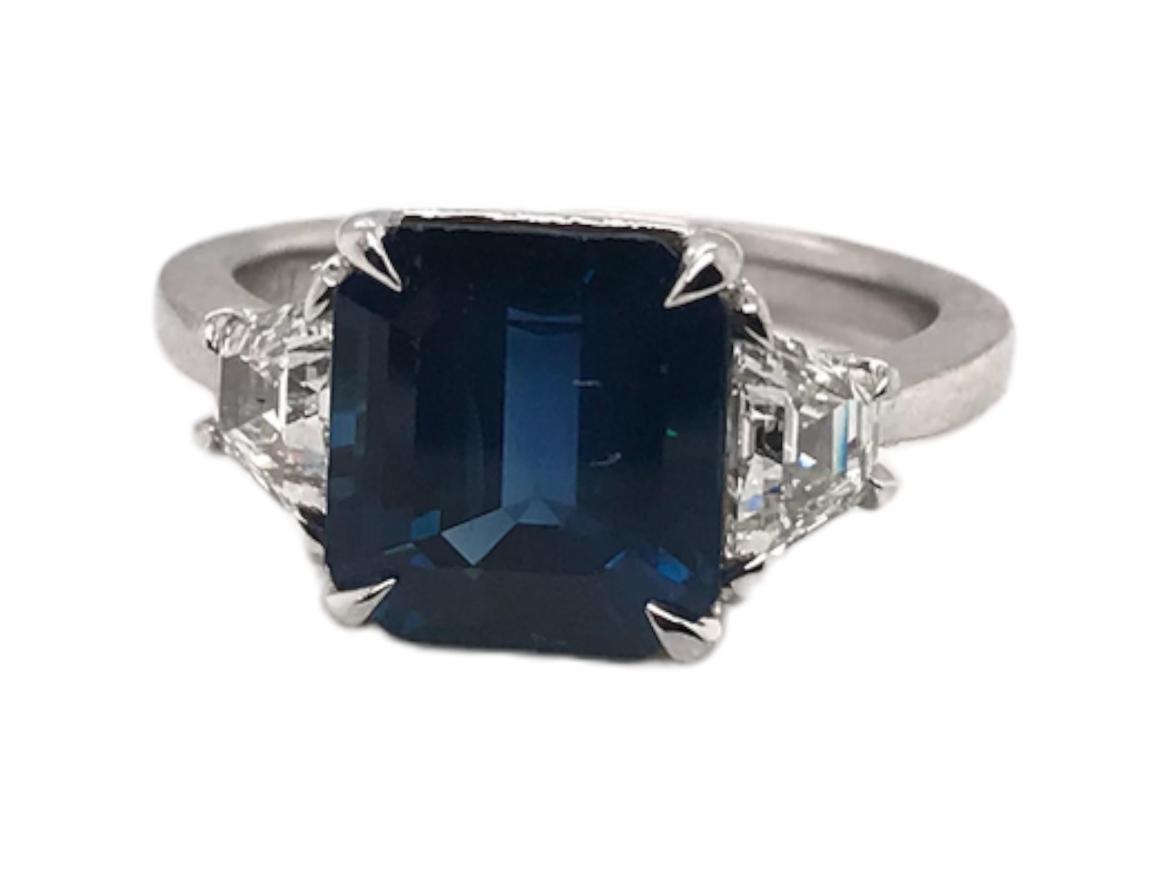 Emerald Cut Contemporary Custom Platinum 4.40 Carat Sapphire & Diamond Ring