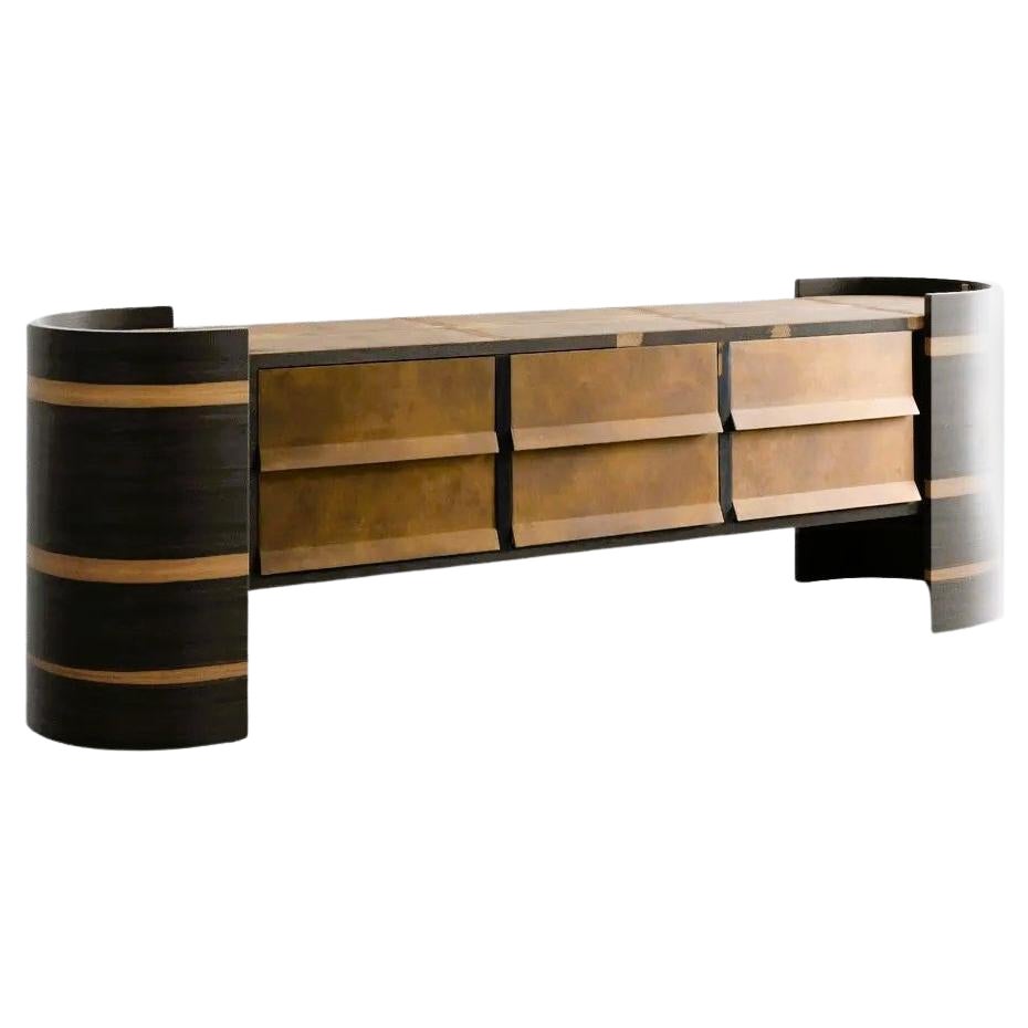 Contemporary Custom Sideboard In Ziricote Wood Veneer & Leather Accents For Sale